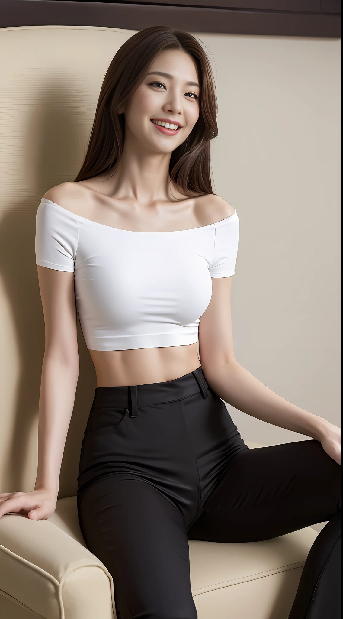 ((Midnight, Best quality, 8k, Masterpiece :1.3)), Whole body, Long legs, Sharp focus :1.2, A pretty woman with perfect figure :1.4, Slender abs :1.1, ((Dark brown hair, Big breasts :1.2)), (Crop top shirt, Low waist pants, sitting:1.2), abs, Highly detailed face and skin texture, Detailed eyes, Double eyelid, high heels, low angle, from below, tonned abs, laughing, looking at viewer, sitting on throne