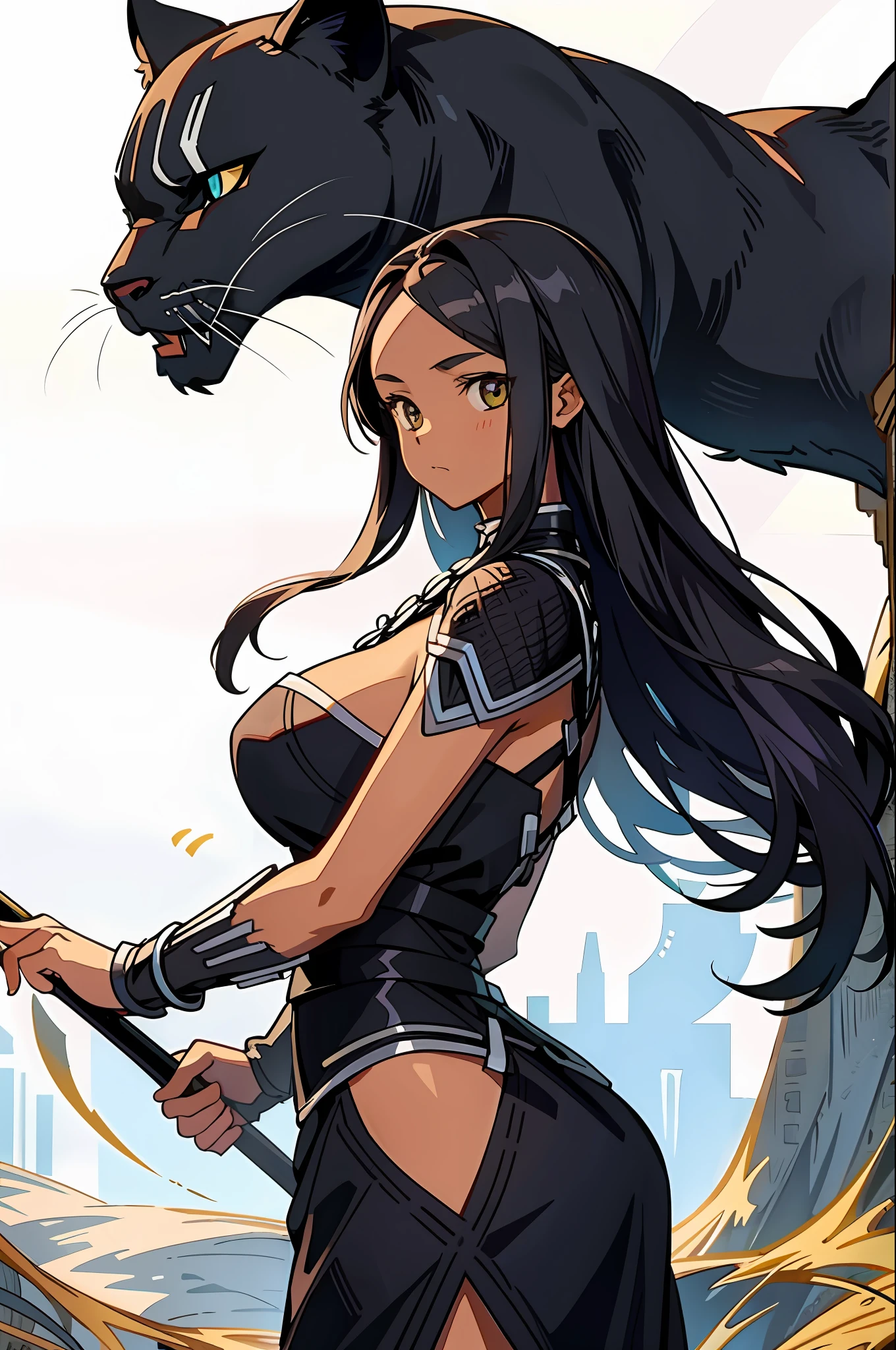 (masterpiece, best quality) detailed, 1girl, black panther, long hair, brown skin