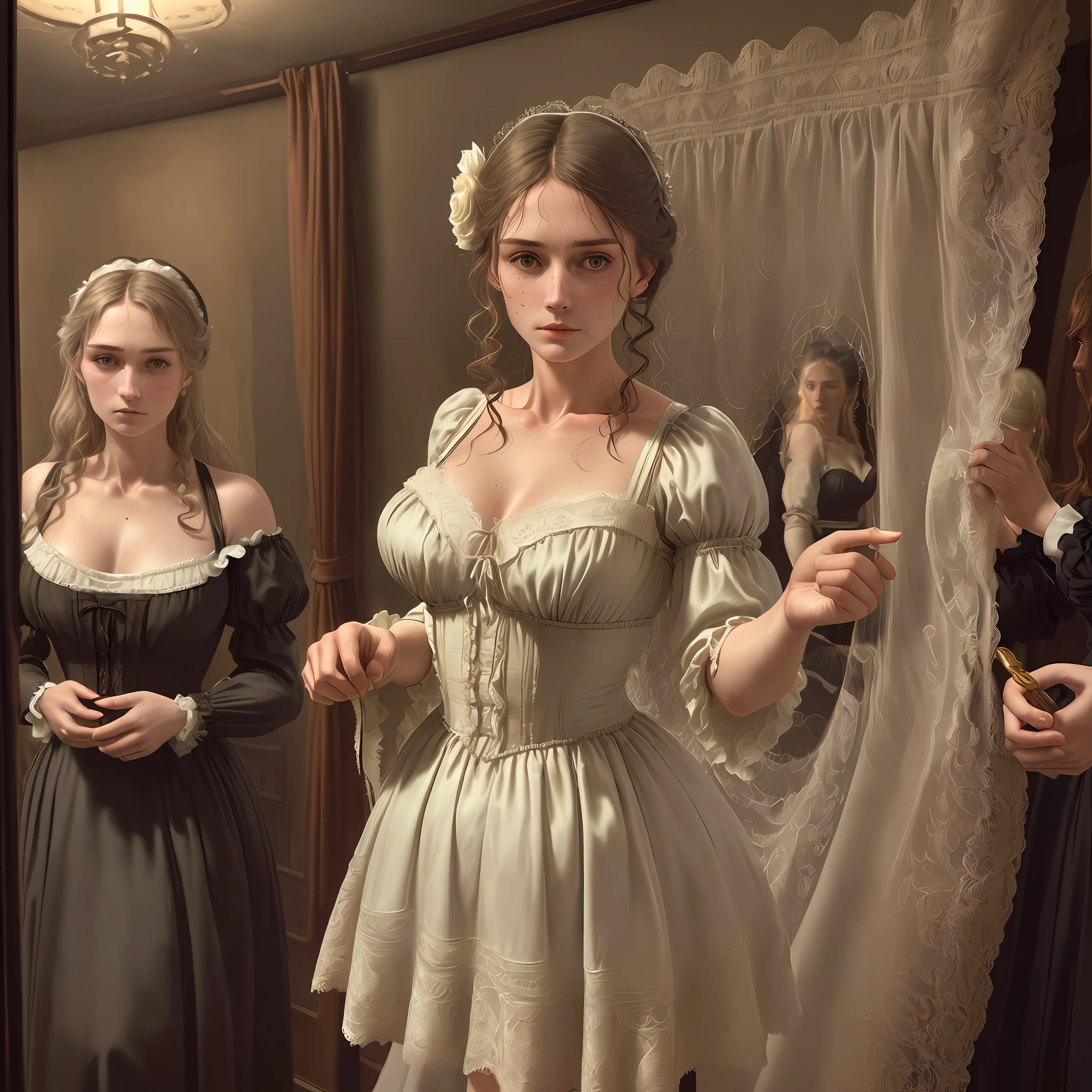 ((Alone on the screen)), amazingly beautiful English mature woman, puberty, Florence Nightingale, 19th century, Victorian, Standing up, upright, lace underwear, [Dewy shoulders], half undressed, unbuttoned, disheveled hair, (((Calm pose)), ribs, sweaty skin, moles, visible veins, (((Realistic Face)), ((Realistic Proportions)) (Vivid), (Digitaly Colorized), (Nikon), (α7), (Color Photo), (Colored Photos), (Portrait Photography), (Ultra High Resolution: 1.2), (Photorealism: 1.4), (8K, RAW Photography: 1.2), (Soft Focus: 1.4), (18 years old: 1.3), ( Sharp Focus: 1.4), Beautiful face with attention to detail, face_V1 of pure roses, antiques, prostitutes,, brothels, bedrooms, lace curtains, night, candlelight, ophelia, grand odalisque, les misérables, sisterhood