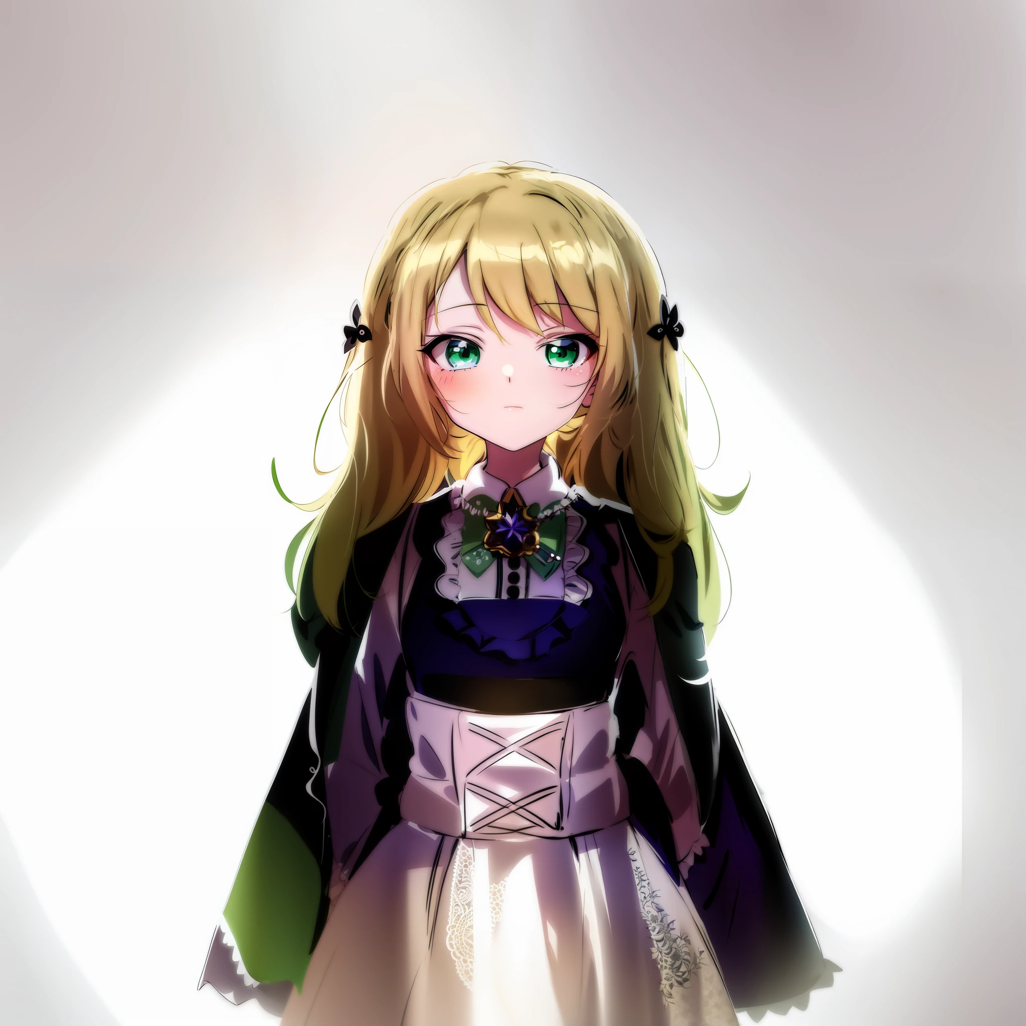 Anime girl in maid costume, anime girl with blonde hair and green eyes in maid costume, loli in dress, anime style, anime style character, anime style, long hair blonde anime girl, little loli girl