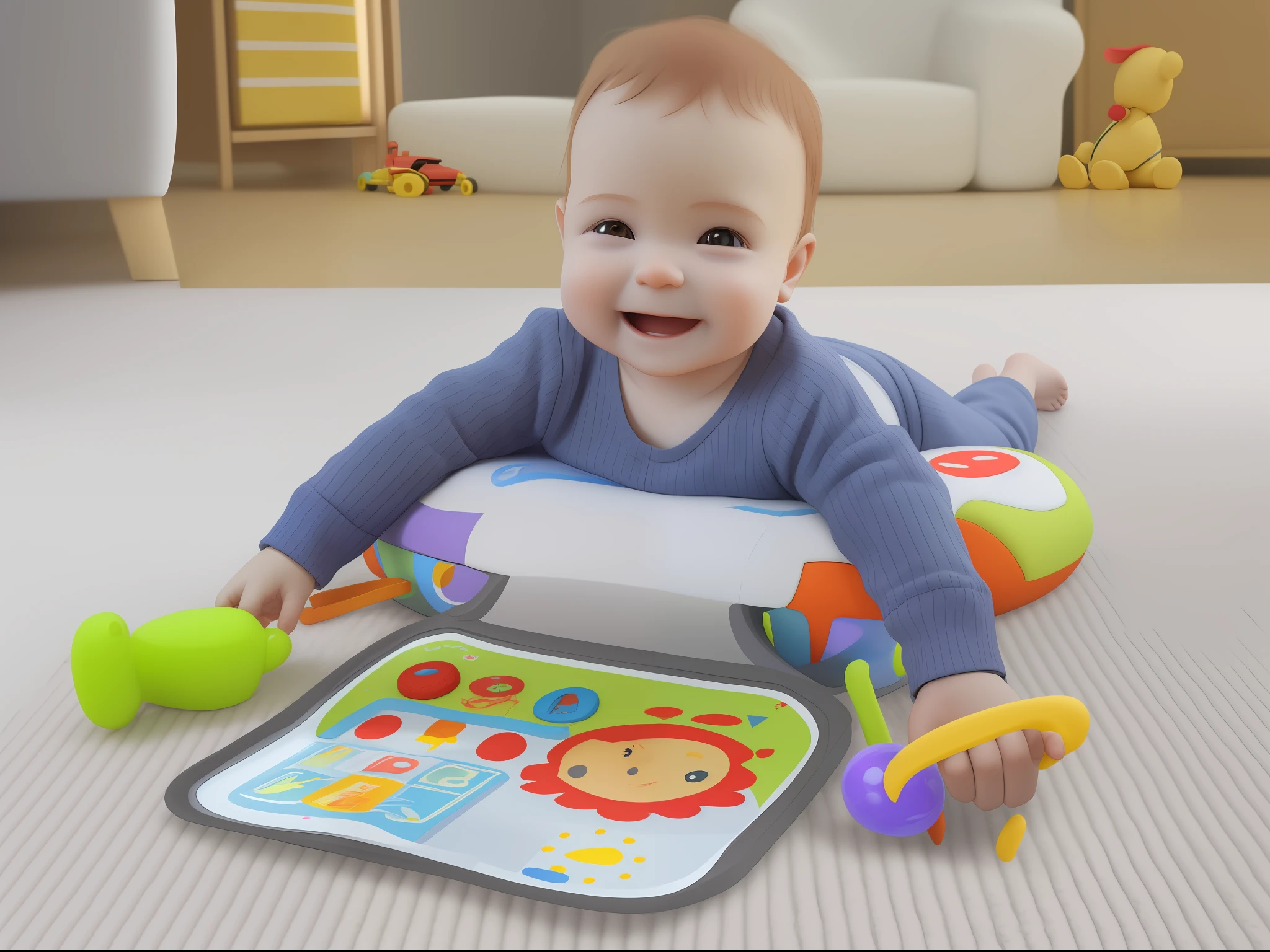 A baby lying on a carpet playing with toys, smiling happily, front light, C4D modeling, clay material, OC rendering, HD quality, super detail