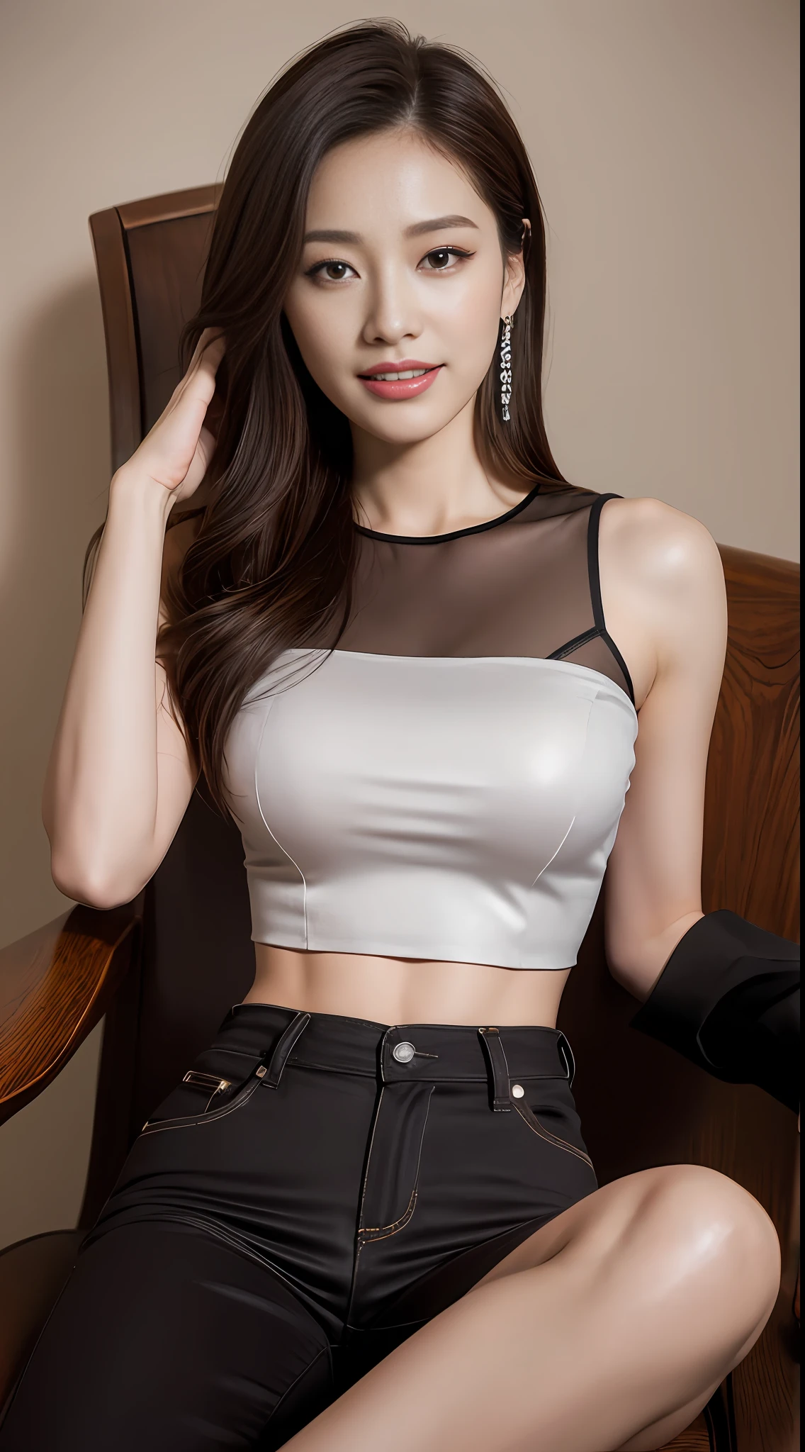 ((Midnight, Best quality, 8k, Masterpiece :1.3)), Whole body, Long legs, Sharp focus :1.2, A pretty woman with perfect figure :1.4, Slender abs :1.1, ((Dark brown hair, Big breasts :1.2)), (Crop top shirt, Low waist pants, sitting:1.2), abs, Highly detailed face and skin texture, Detailed eyes, Double eyelid, high heels, low angle, from below, tonned abs, laughing, looking at viewer, sitting on throne