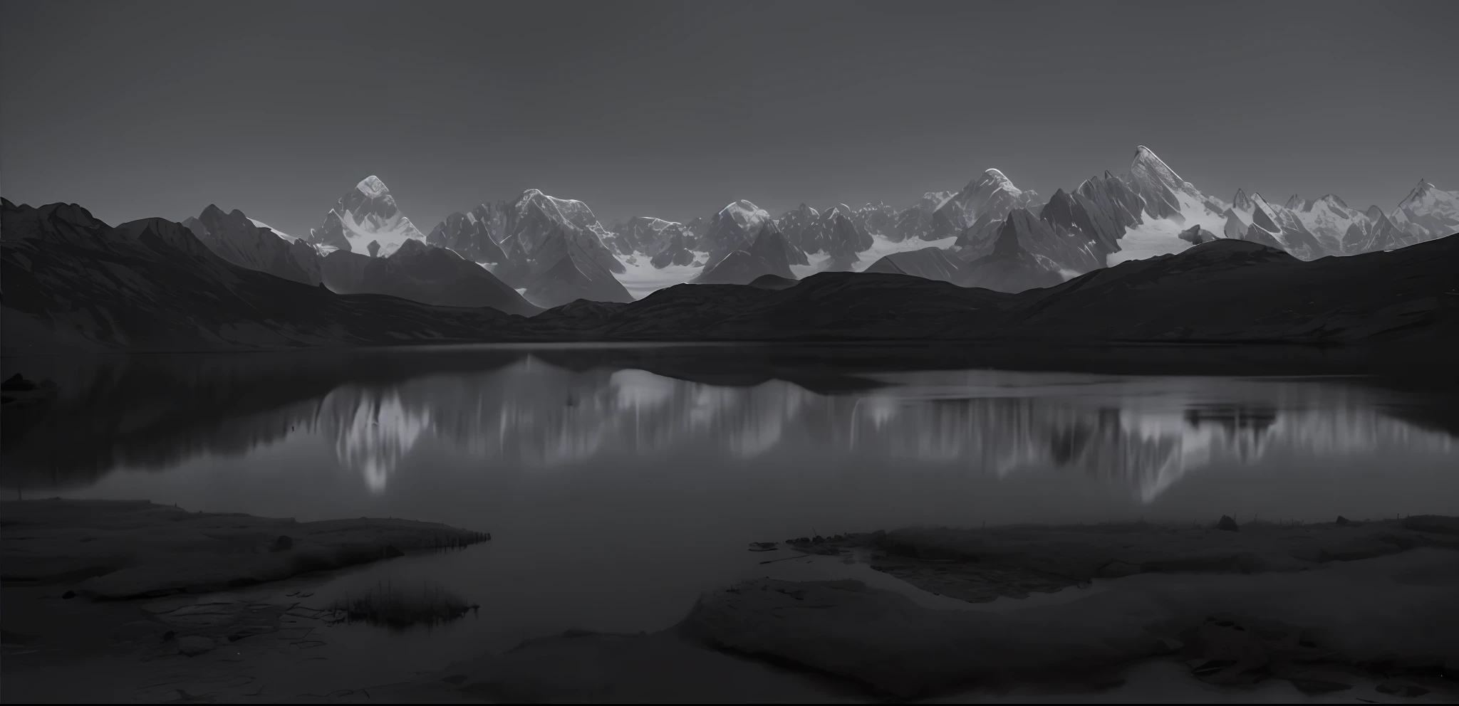 arafed view of a lake with mountains in the background, by Werner Andermatt, 4k greyscale hd photography, grayscale photography, by Hans Schwarz, ansel ], ryan dyar, alps, image full of reflections, monochrome:-2, 8 1 5, by wolfgang lettl, inspired by Ansel Adams, summer night, by Etienne Delessert