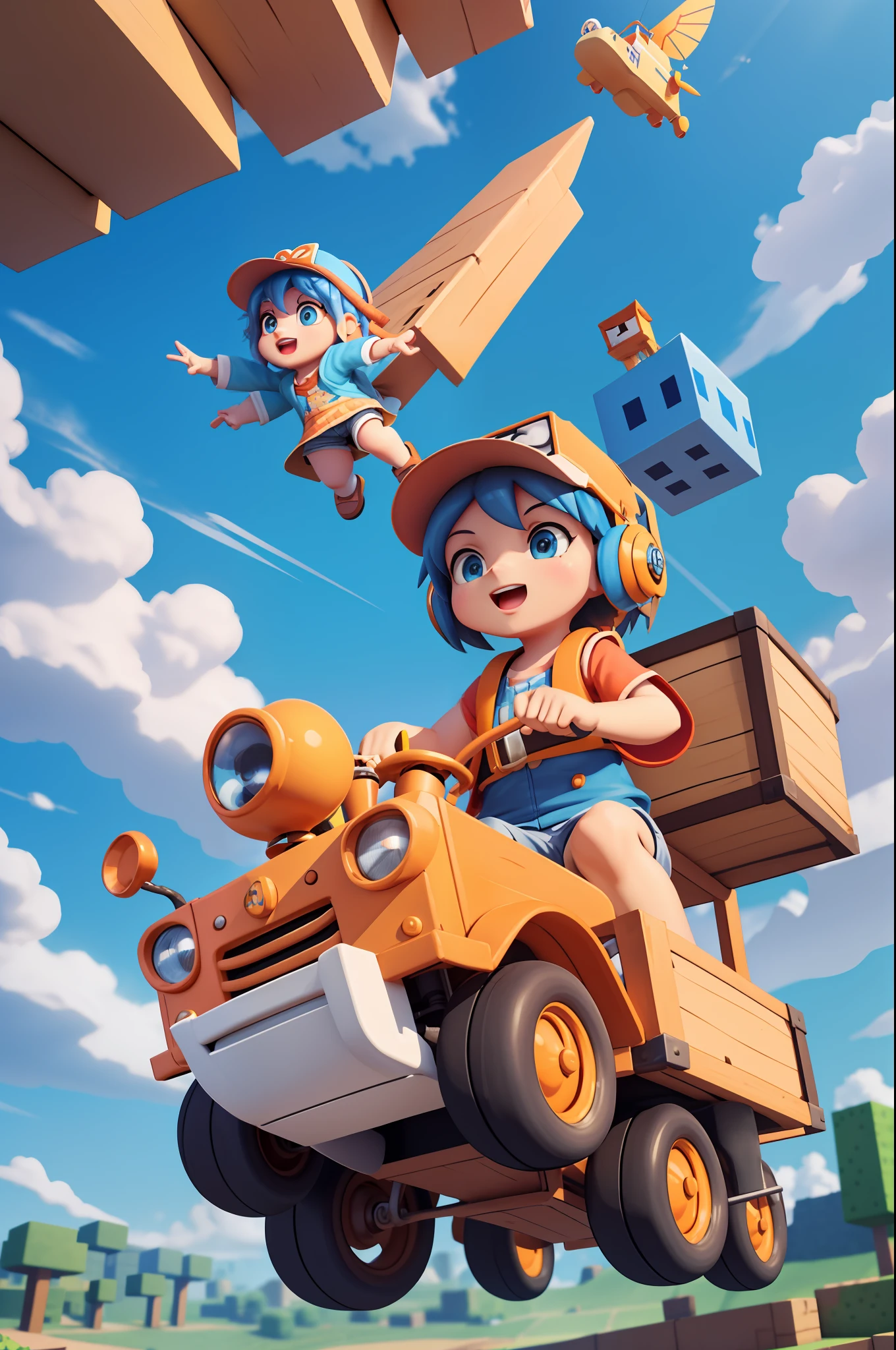 Poster, background blue sky white cloud Pixar style, 3D, an orange cute metal texture minecart flying in the air, cute children driving minecarts, cartoons cute, a lot of details, front and rear space sense is obvious, the picture should have impact