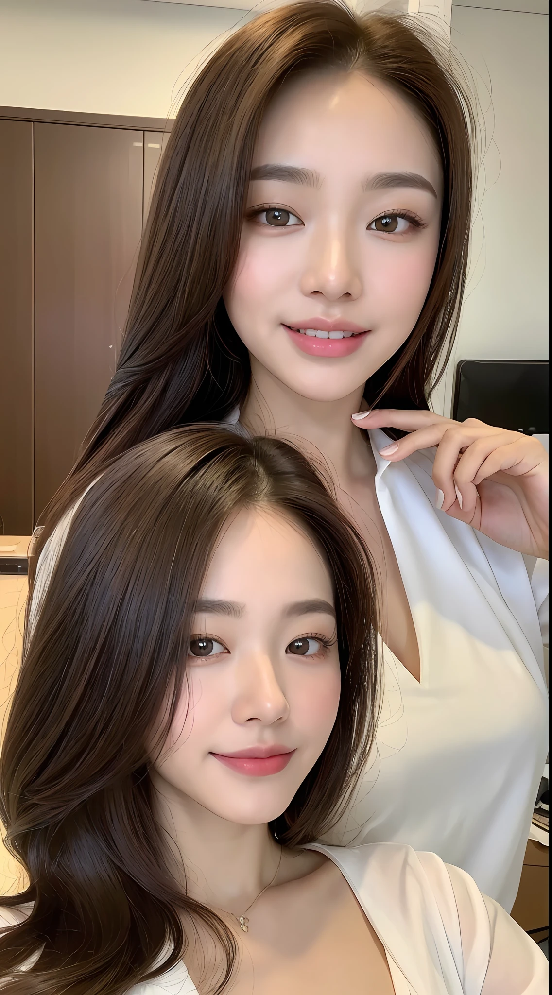 ((Best Quality, 8K, Masterpiece: 1.3)), Upper Body (1.3), Sharp Focus: 1.2, Glossy Skin in the Light, Beauty with Outstanding Style: 1.4, Wearing a Suit That Emphasizes Breasts (3), ((Brown Hair, Colossal: 1.2)), Highly Detailed Face and Skin Texture, Not Too Dark Parallel Eyebrows Detailed Eyes, Double Eyelids, Smile (1.3) Natural Makeup, In the Office (5)