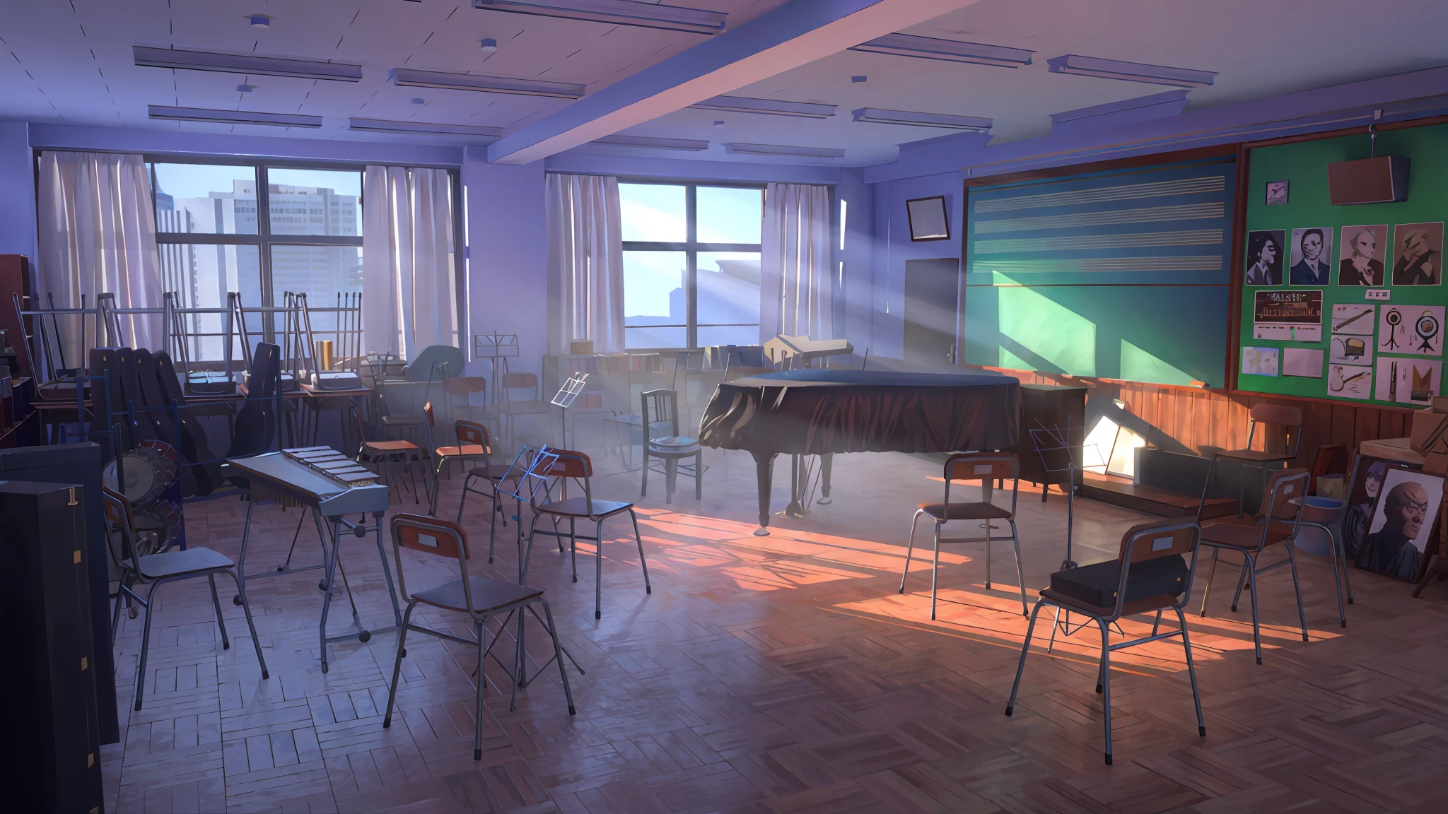 Shinkai Makoto style, Miyazaki style, interior scene, cool color, sunlight penetration, two-dimensional scene, office, library, floor, table, chair, classroom
