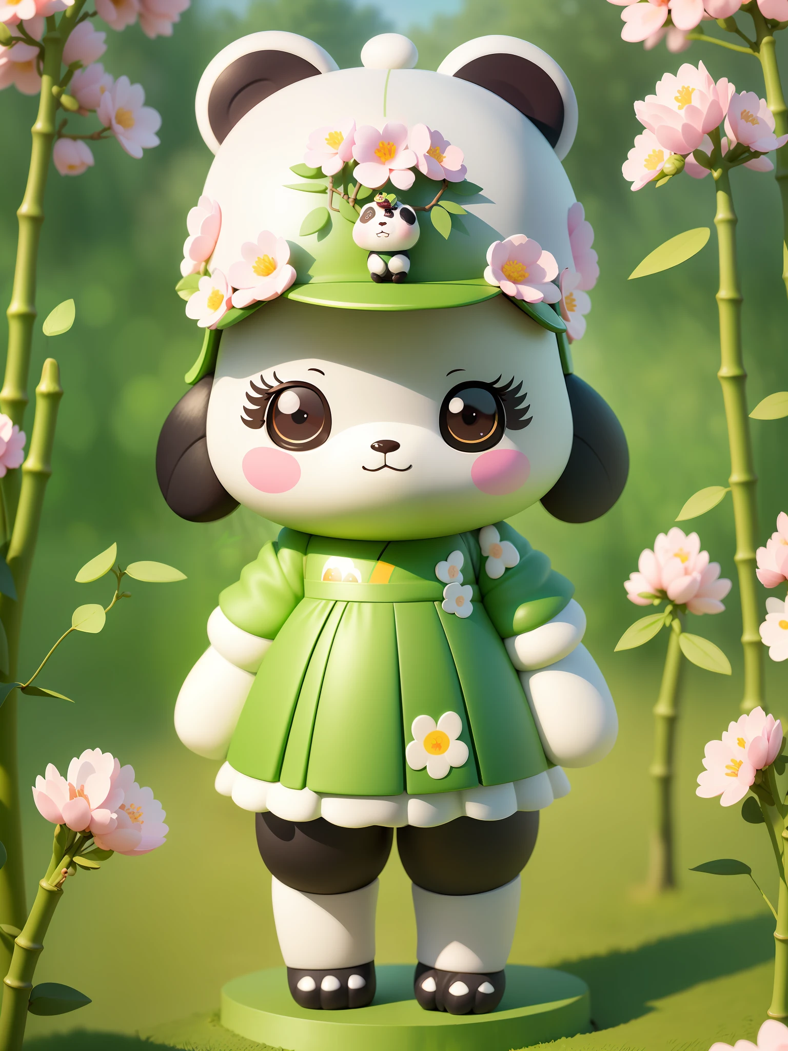 (masterpiece),(best quality),(ultra-detailed), (full body:1.2), panda,bamboo forest, cute, mascot, flowers, outdoors, blush, tree, :3, cherry blossoms, green headwear, blurry, blush stickers, (beautiful detailed face), (beautiful detailed eyes),