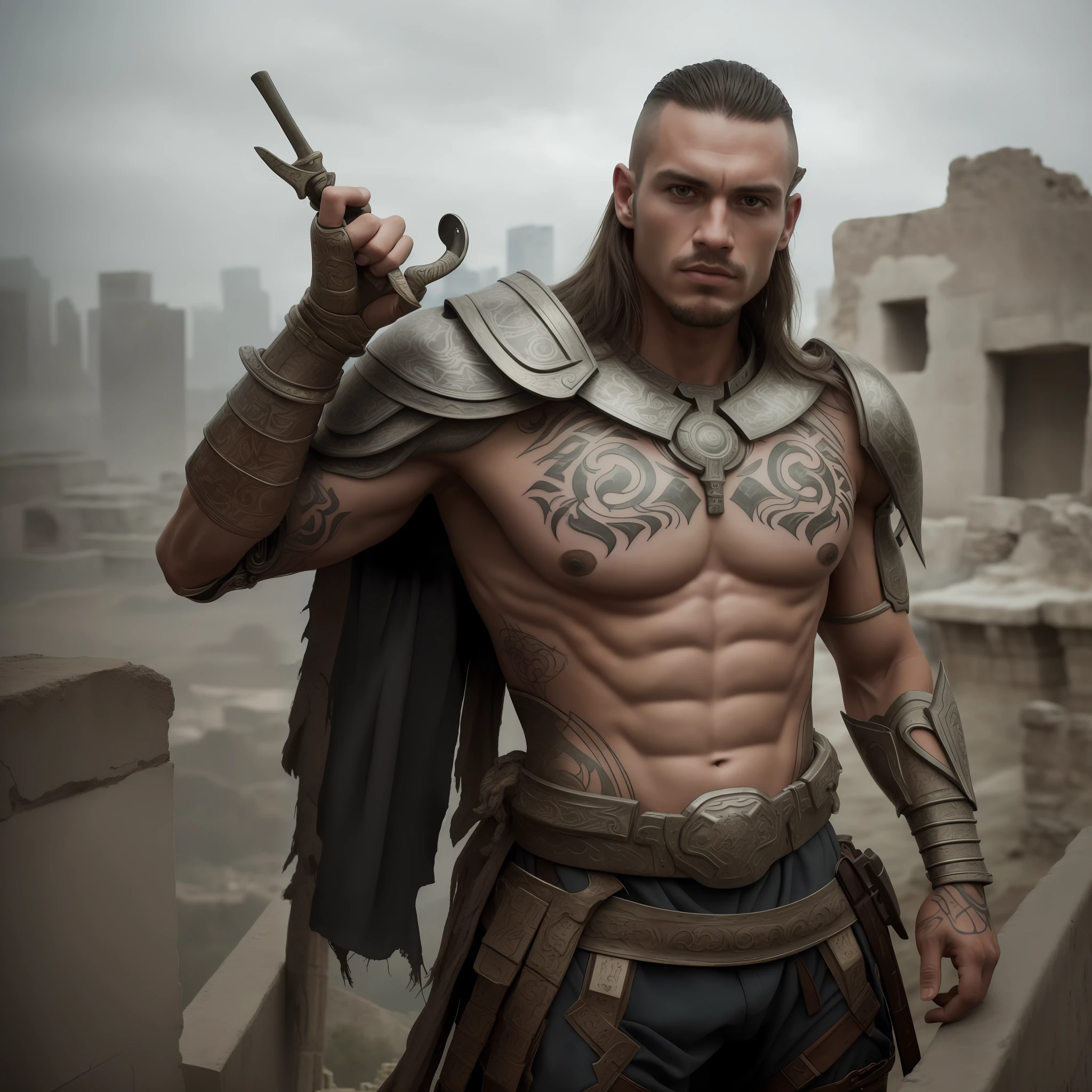 RAW photo, photography, photorealistic, Bold RAW photo of a man in ancient armor , on a city ruins. he has an intense look, detailed skin, (with highly detailed tattoos:1.1), finely eyes. The shot is taken on a professional camera with a shallow depth of field, creating a natural and raw feel. The lighting is soft and adds to the mysterious atmosphere of the scene. The image is highly detailed, cinematic