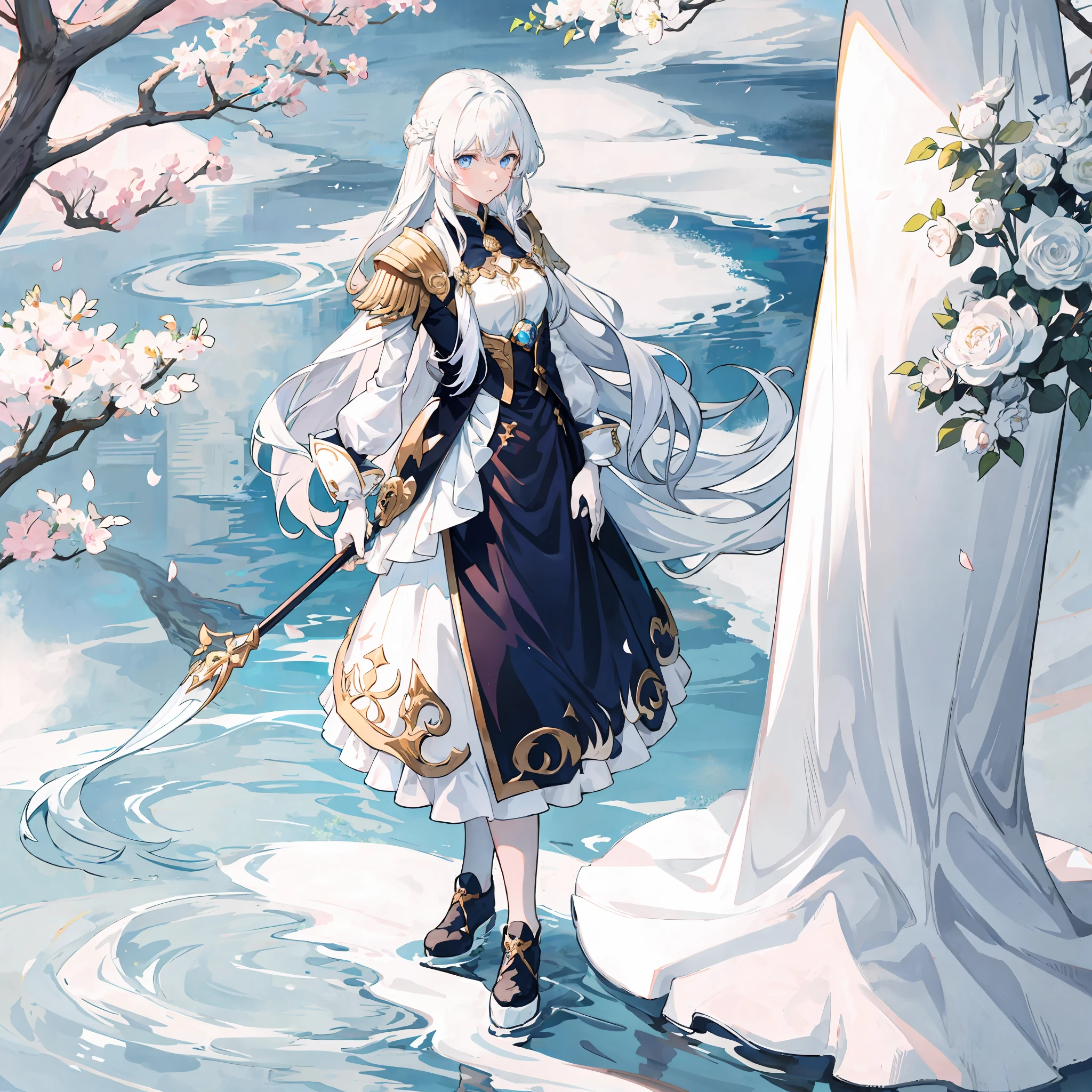 1girl, long flowing white hair, blue Eyes, stand before tree blossom, anime