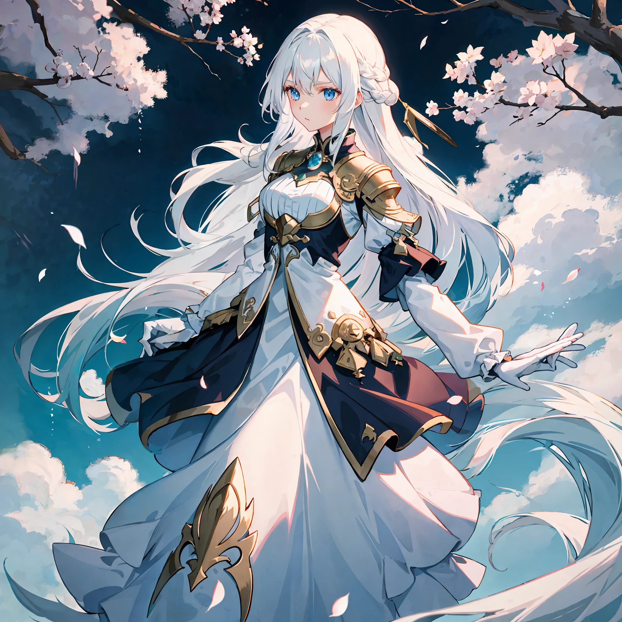 1girl, long flowing white hair, blue Eyes, stand before tree blossom, anime