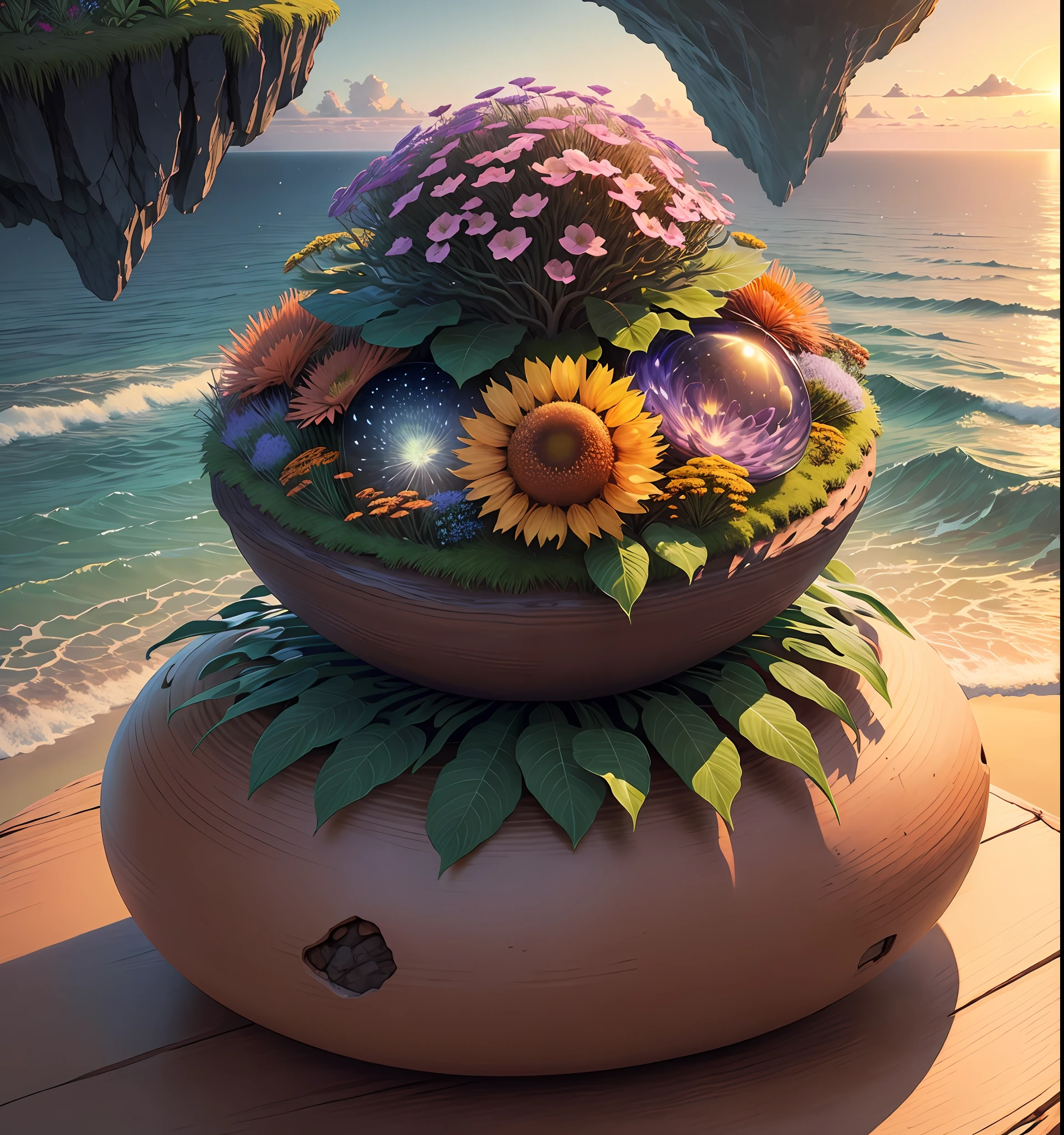 nature, detailed lighting, sea of flowers, sky, sunset, breeze, leaf fall, cliff, realistic anthill, hemispherical looking down from the sky