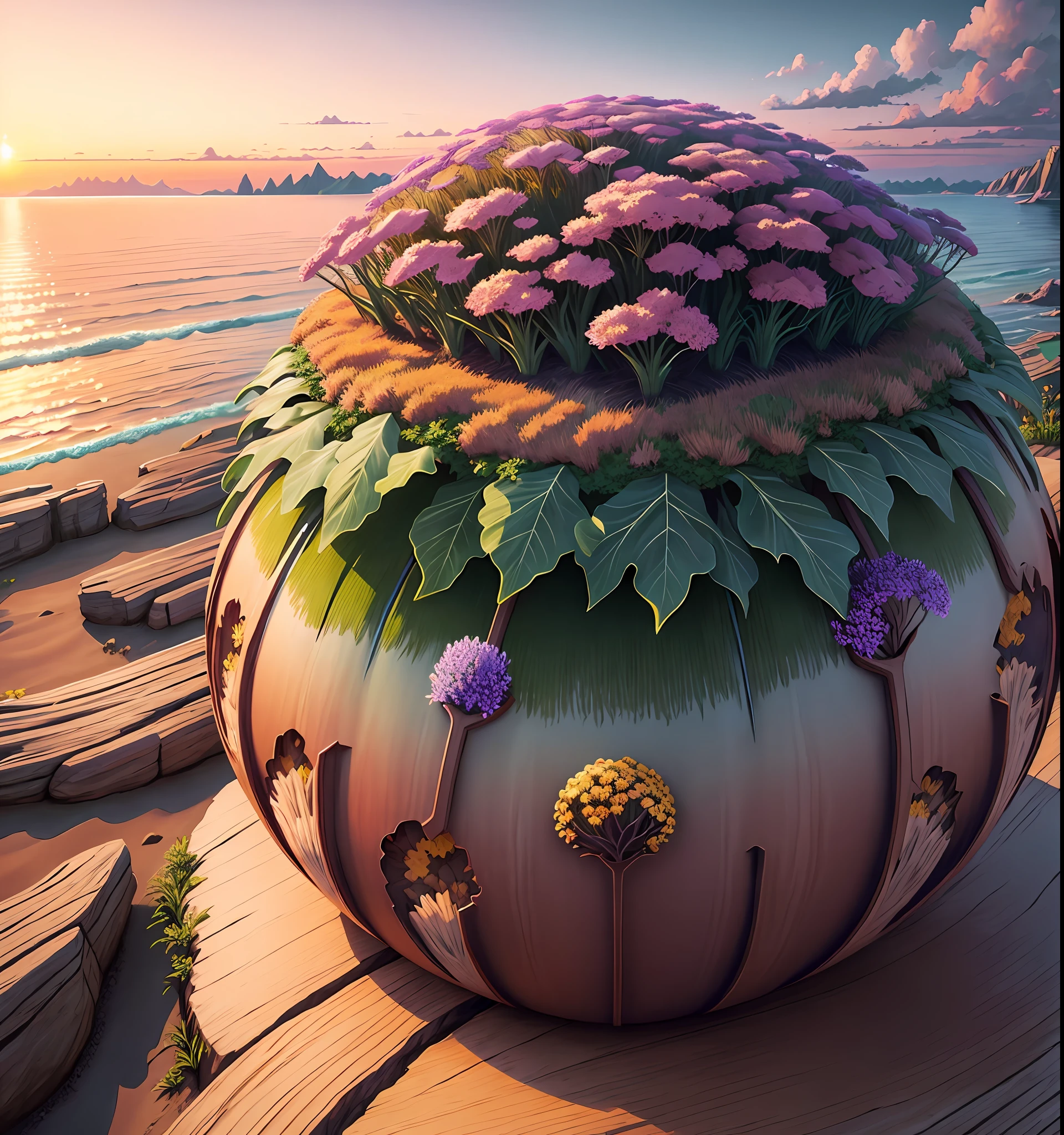 nature, detailed lighting, sea of flowers, sky, sunset, breeze, leaf fall, cliff, realistic anthill, hemispherical looking down from the sky