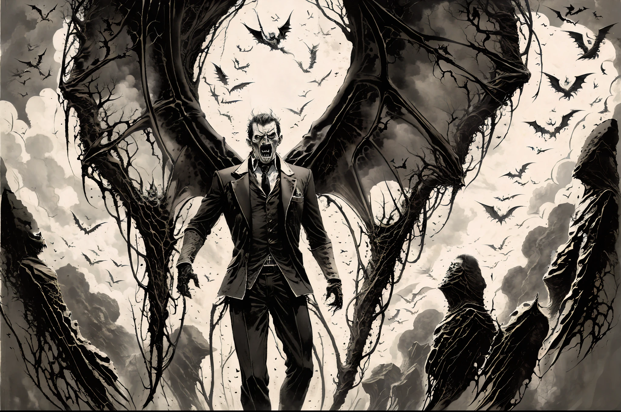 Masterpiece, best quality, horror background, (1 male vampire), bat wings, angry, monochrome