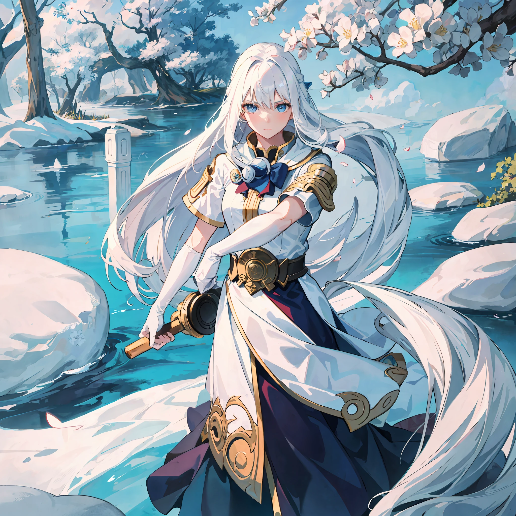 1girl, long flowing white hair, blue Eyes, stand before tree blossom, wearing martial arts attire, anime
