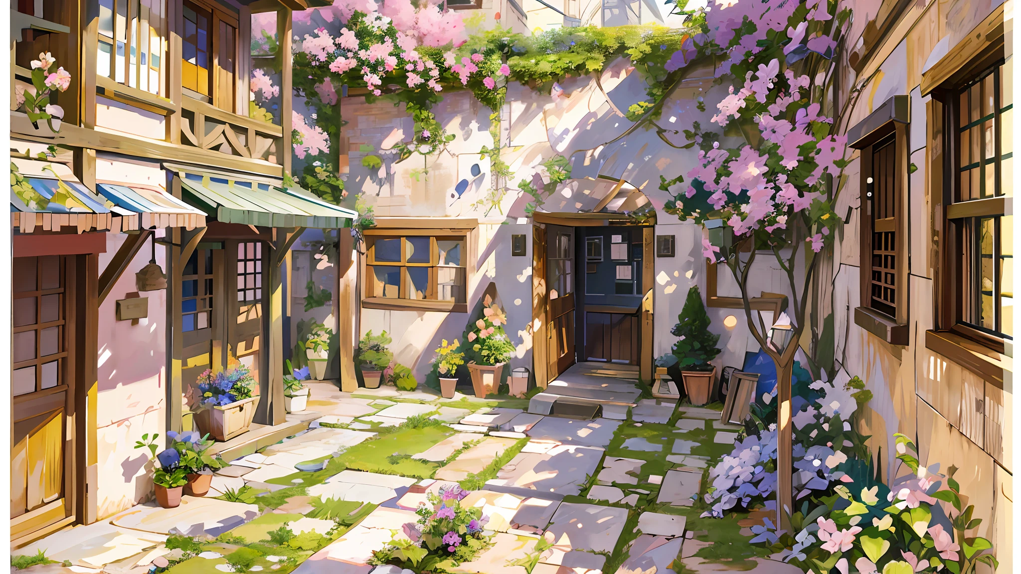 painting of a courtyard with a table and chairs and a bench, anime background art, relaxing concept art, anime scenery concept art, immensely detailed scene, a beautiful artwork illustration, detailed scenery —width 672, studio ghibli environment, highly detailed scene, environment design illustration, beautiful anime scene, ghibli studio style, anime scenery, detailed soft painting, environment painting