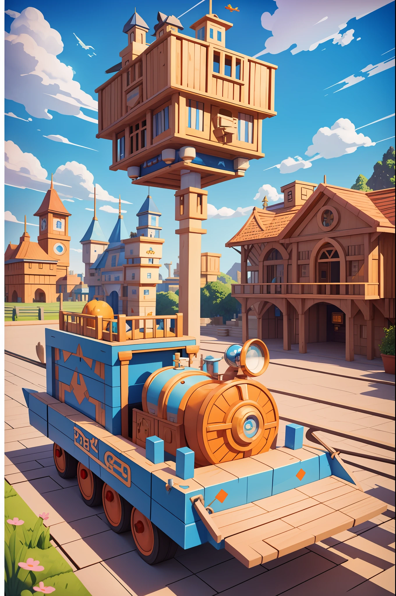 Poster, background blue sky white cloud Pixar style, 3D, an orange cute metal texture minecart flying in the air, cute children driving minecart, cartoon cute, super details, front and rear space sense is obvious, the picture should have impact