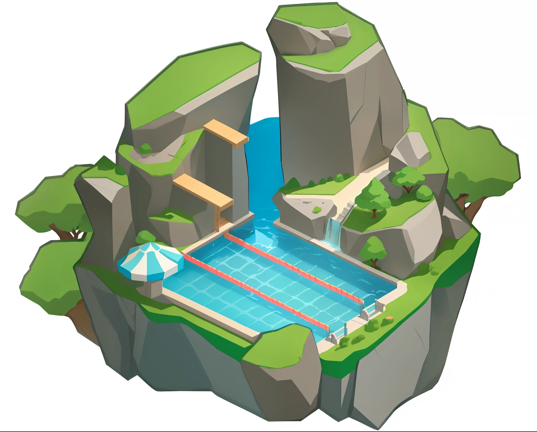 a cartoon image of a swimming pool surrounded by rocks and trees, isometric game asset, game asset, mobile game asset, isometric game art, stylized concept art, isometric game, simple stylized, videogame asset, isometric map, isometric 2 d game art, a pool inside the giant palace, arena background, odin's stone arena background