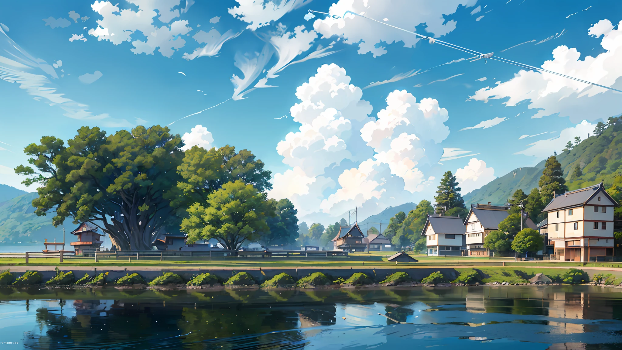 (Japanese town Landscape), (Hayao Miyazaki Style), cartoon, expansive views, (few house), (downhill, riverside, pier, ferry, bend, small house), tree, pole, white cloud, calm landscape, outdoor, green trees, epic composition, realistic lighting, high-definition detail, masterpiece, the best quality, (very detailed CG unified 8k wallpaper), --v6