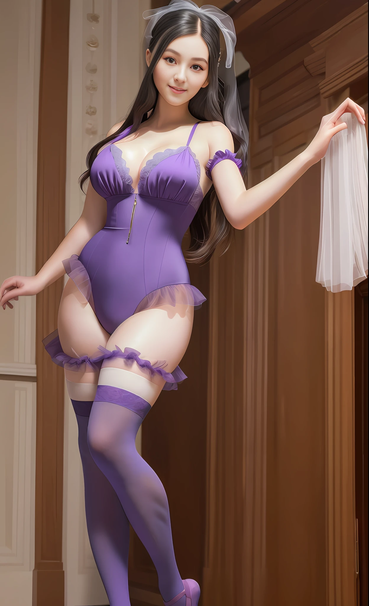 Absurd, high resolution, super detailed, (1 girl:1.3),
High fork swimsuit, ballet socks, tutu, looming feet, dark room, slim, pretty dreamy girl, looming bright purple thigh socks, silky texture, lace stocking edge, real photos, detailed eyes, pretty eyes, smile, full body perspective, detailed face, big boobs, real photos, realistic human body, realistic skin texture, cleavage, perfect light