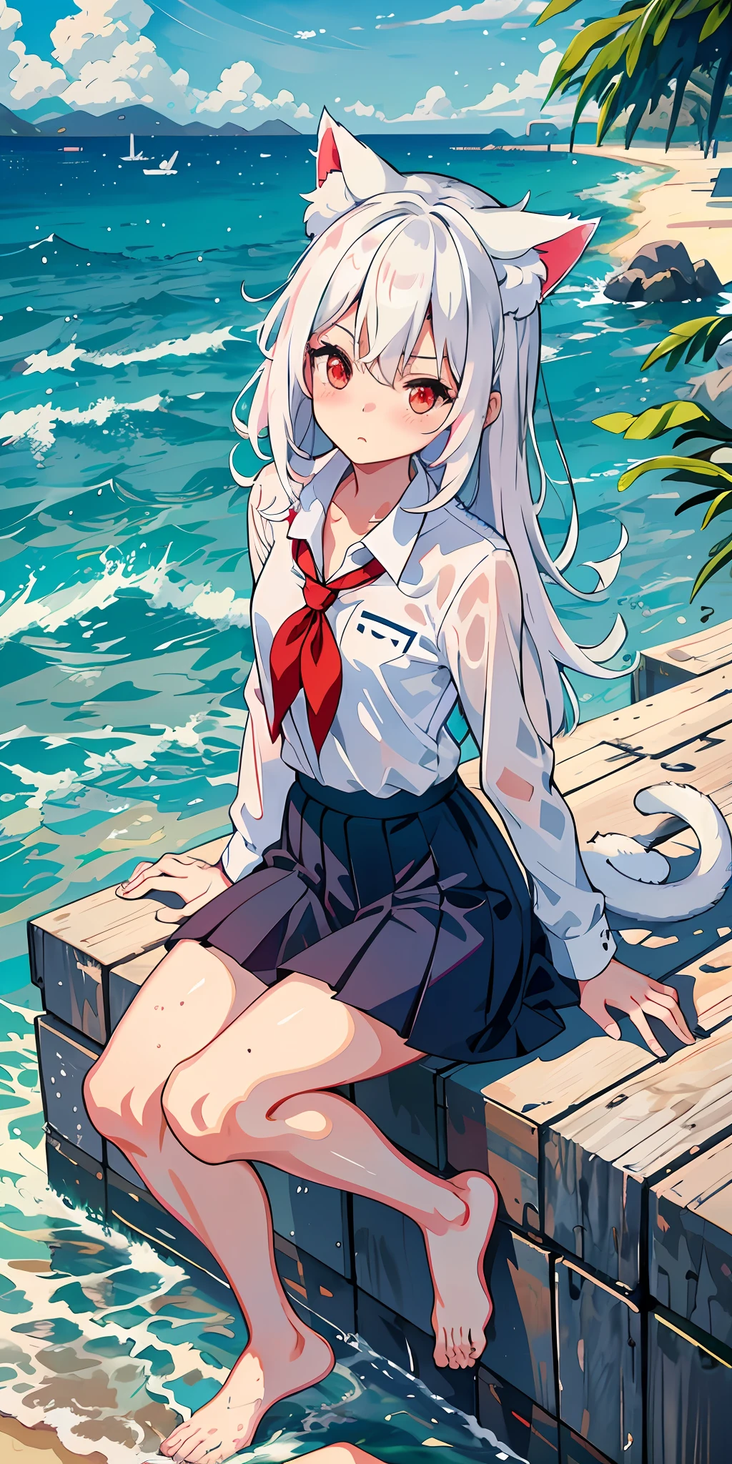 Anime girl with white hair and cat ears, red eyes, shy blush, wet school uniform, transparent shirts, water, seaside, beach, sunny, bare legs, sit