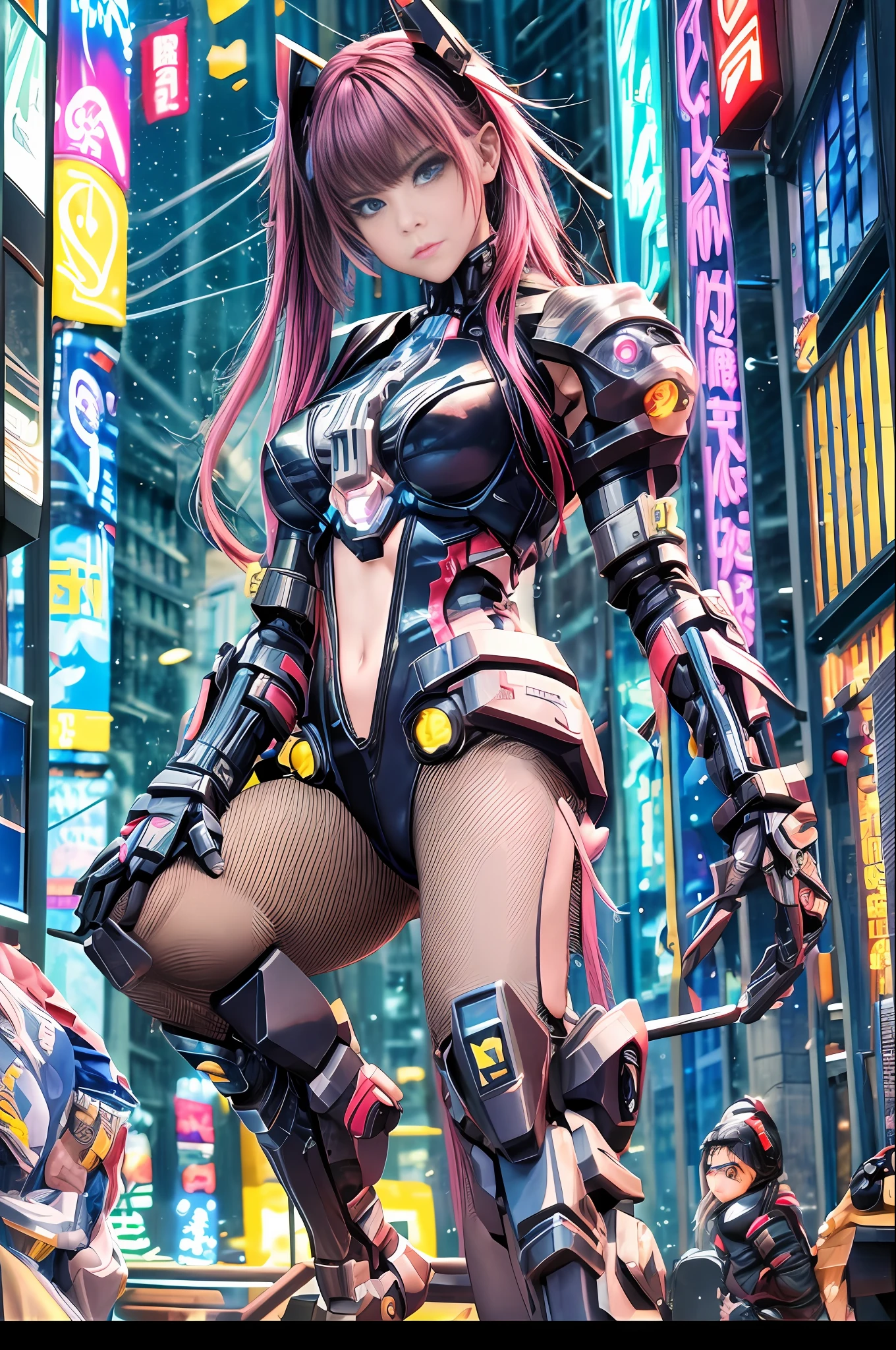 A stylishly dressed cybergirl with a gun and a girl wearing mecha cyber armor, the two fight in a dynamic digital world with neon lights of futuristic cities in the background, and the scene is very cool. Cyber woman in futuristic suit with gun, girl in mecha cyber armor, female cyberpunk anime girl, cyberpunk anime girl mecha, cyberpunk 2 0 y. o model girl, opai cyberpunk, cyberpunk anime girl, perfect anime cyborg woman, very beautiful cyberpunk warrior, cyberset set, digital cyberpunk - anime art, anime cyberpunk, female cyberpunk, cyberpunk girl