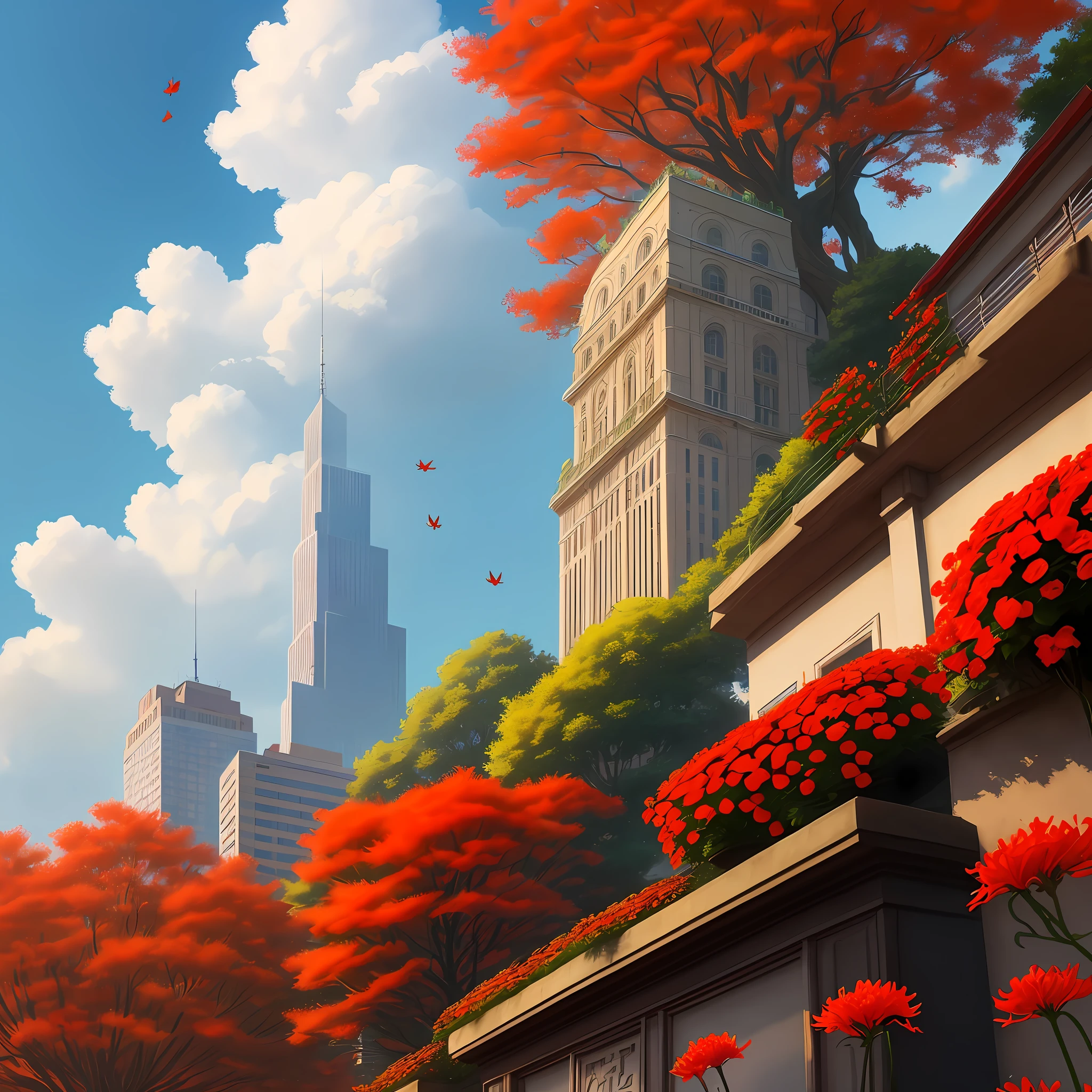 Scenery , City , Flowers , Lycoris Radiata , Red Spider Lily , Lycoris , Fall , Wind , Dream, Cloud , Blue sky , Day , floating leaves, autumn, Wind