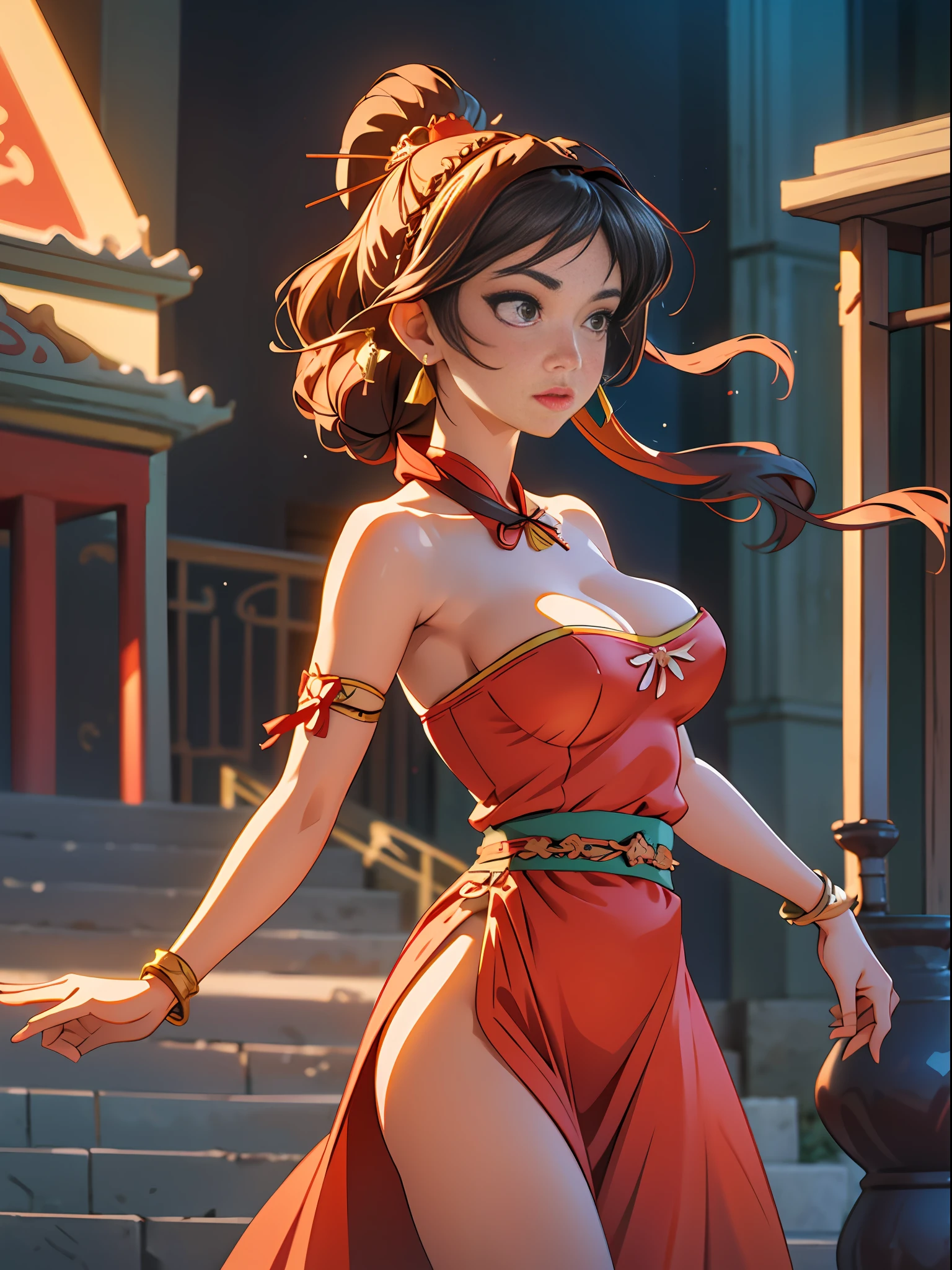 Best quality,masterpiece,ultra-detailed high res,(photorealistic:1.4),raw photo,,illustration,
1girl dancing,(solo:1.2),(cowboy shot:1.2),(hair crown:1.2),Traditional chinese dunhuang style clothes,Strapless,(red eyeliner:1.2),(big breasts:1.4), earrings,dynamic angle,Opera House,messy_long_hair,ink,cinematic lighting,lens_flare,Velvet,chrysanthemum,Tassel,Ribbon,color embroidery,