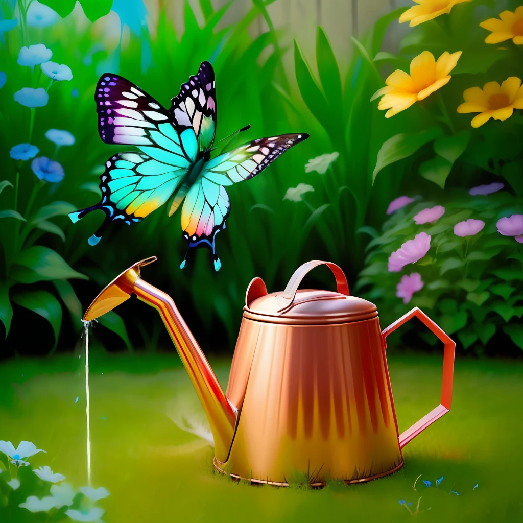 isolate image butterflies and garden watering can- upside down flower pot as anthill -upscale—-
