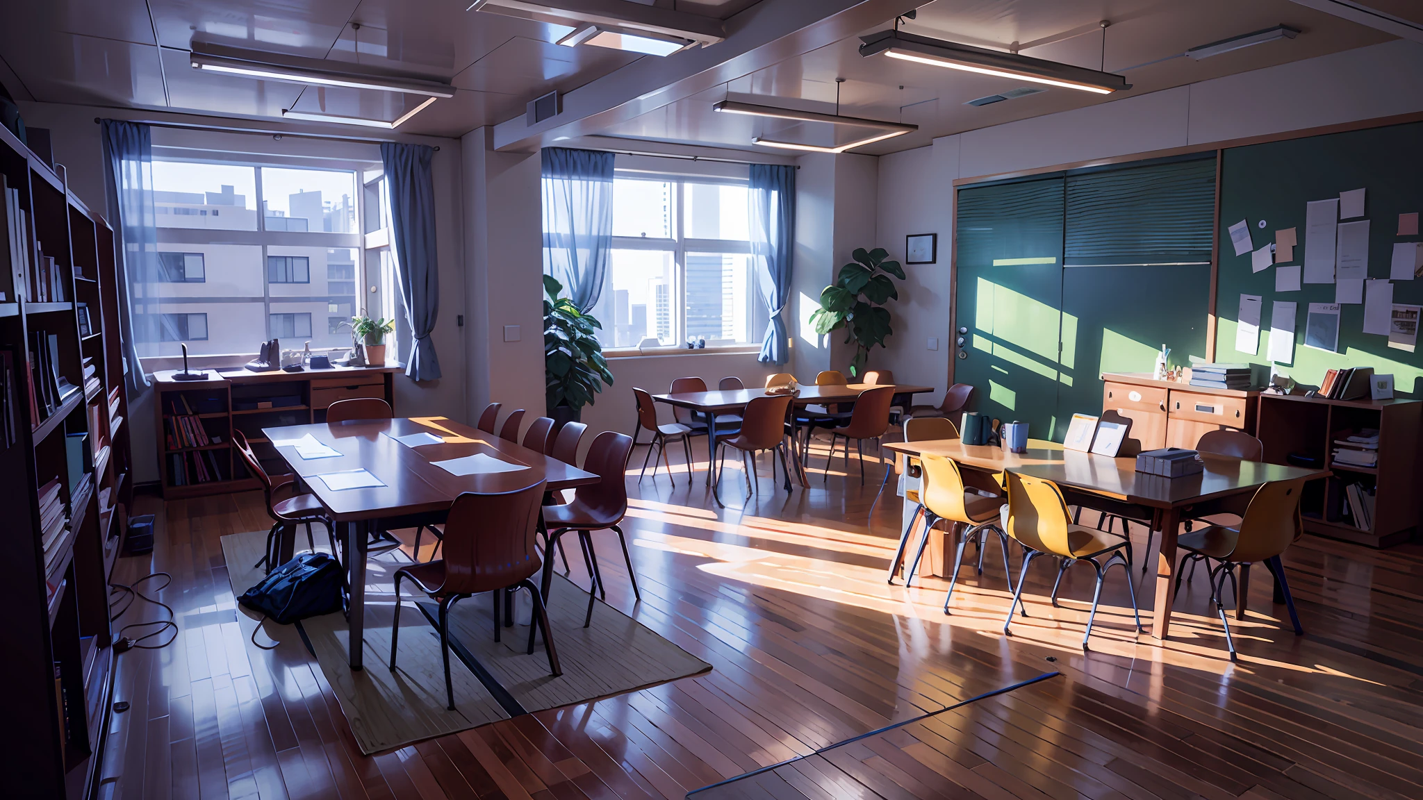 Shinkai Makoto style, Miyazaki style, interior scene, cool color, sunlight penetration, two-dimensional scene, office, library, floor, table, chair, classroom