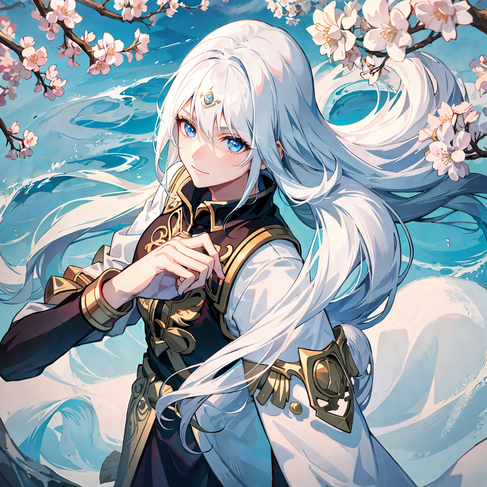 1girl, harm smile, long flowing white hair, blue Eyes, stand before tree blossom, wearing martial arts attire, anime