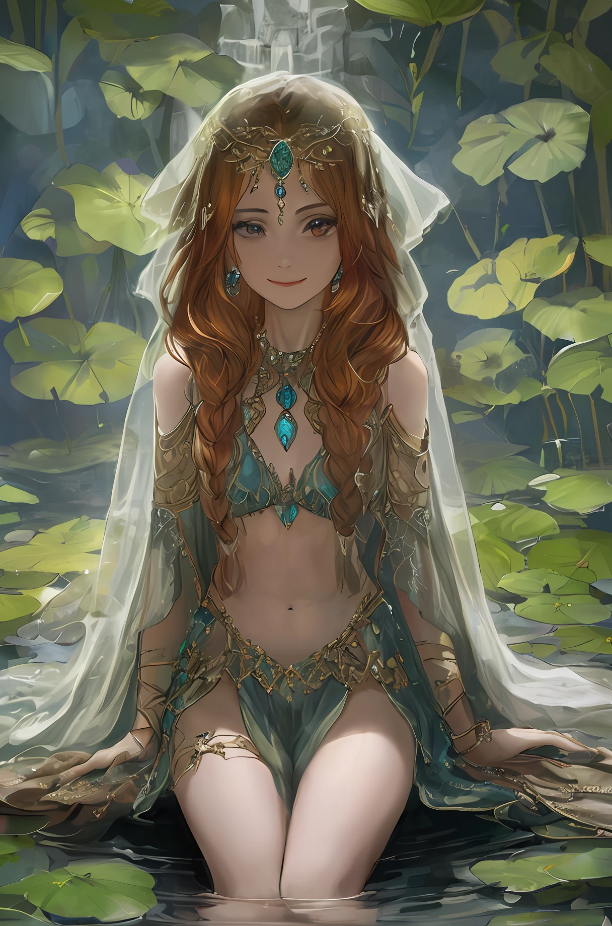 photo of a sorceress, 3sterexposito: ediecamp:0.7, intricate encrusted with jewels transparent robes, long ginger hair, braids, ornate jeweled necklace, circlet, armlet, thighlet, straps, sitting in a reflecting pool , cavern, low fog, candles, erotic, fantasy , skinny , smile , toned abs, hip lines, groin, waterfall, water lilies, lily pads, tropical, plants,