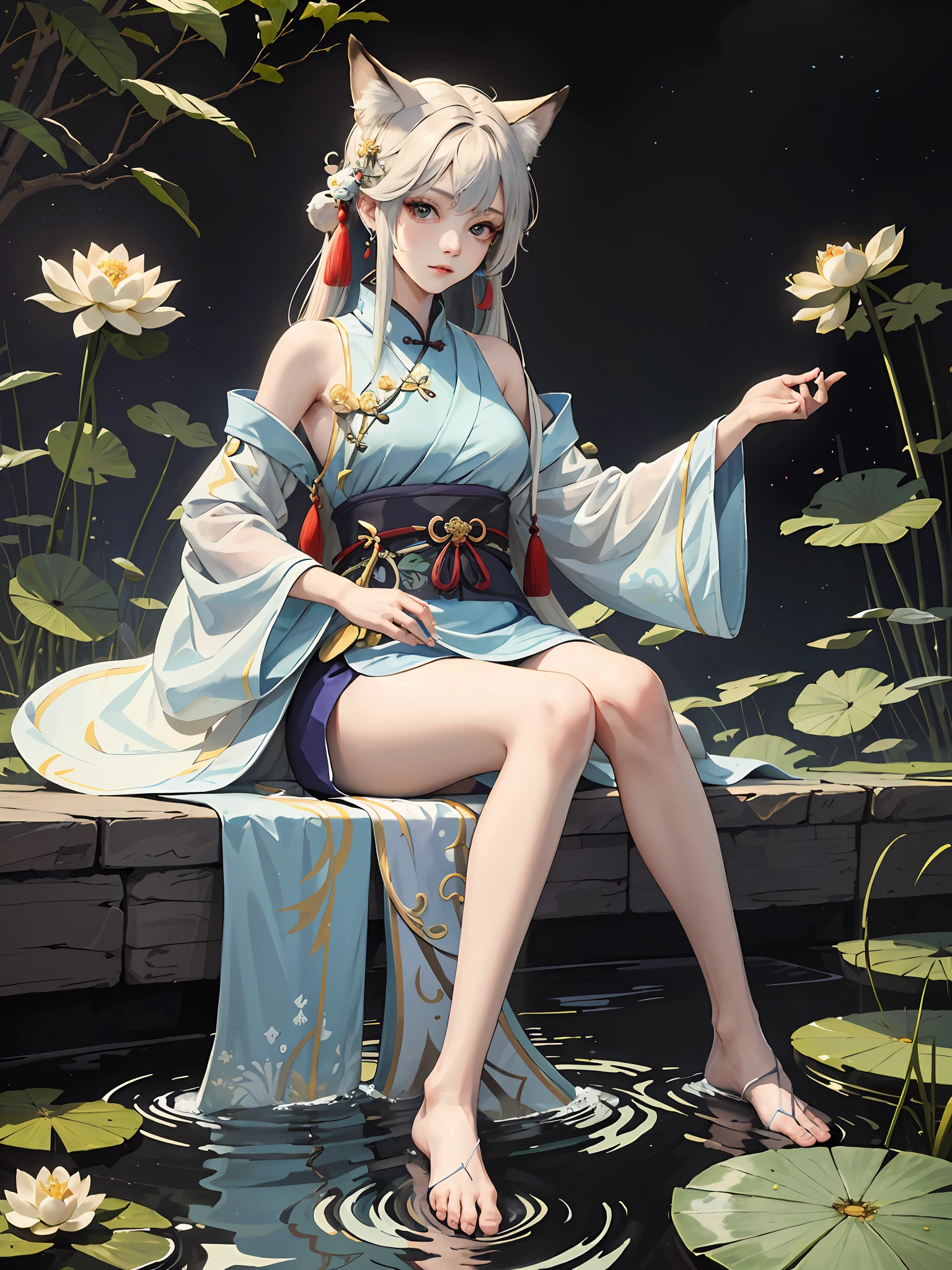 absurdres, highres, ultra detailed, (1girl:1.3), hand drawn, simple line, girl in colorful Chinese Hanfu, sexy girl with fox ears, at the lotus pond, masterpiece, sitting in water, floating clothes, floating hair