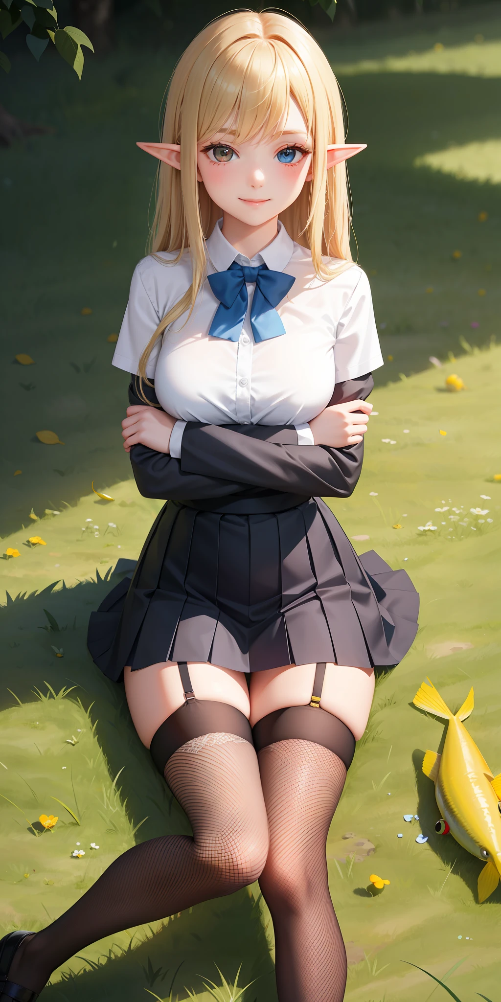 sitting, hand on chest, breast hold, small breasts, thighs, legs, fishnet legwear, garter belt, miniskirt, school uniform, blonde hair, red eye, smile, blush, on grass, pointed ears, elf, arms behind back