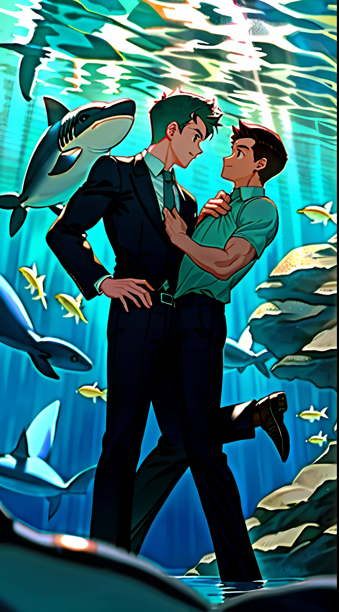 2boys, hands on chest, muscular, black pants, underwater, dolphins, sharks, short hair, defined body