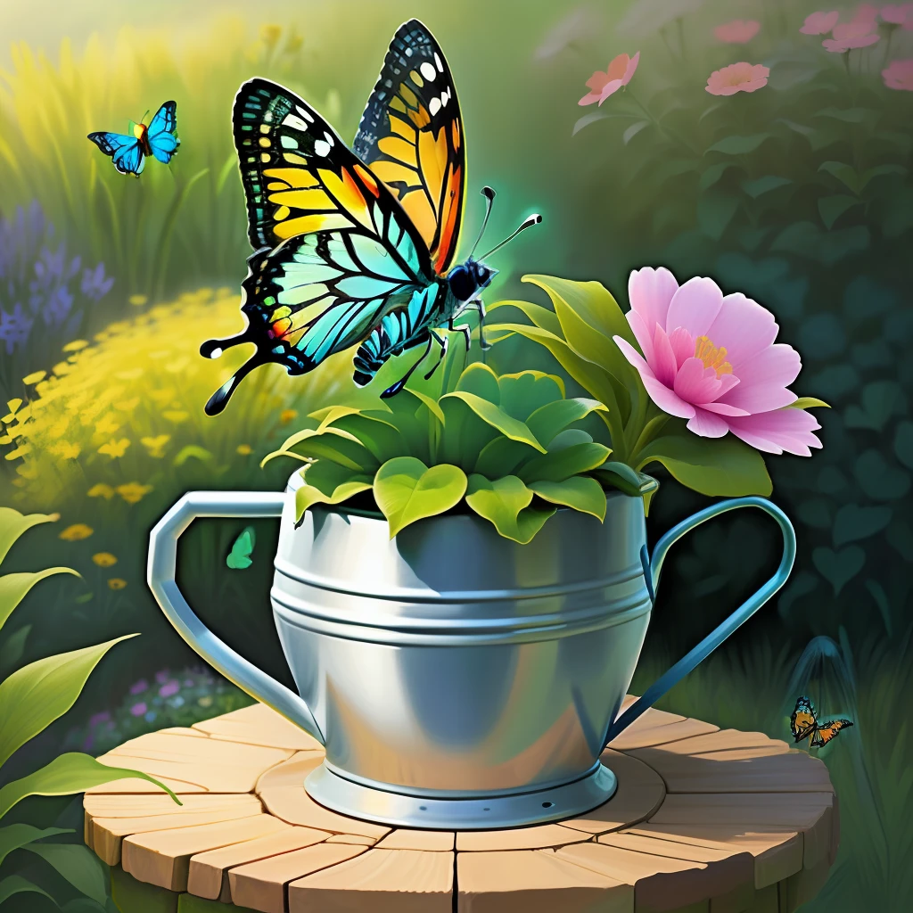 isolate image butterflies and garden watering can- upside down flower pot as anthill -upscale— isolate watering can and place on a hilltop-+ butterfly on spout