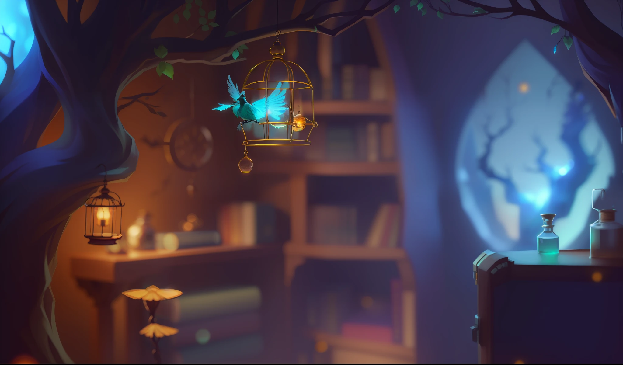 there is a cartoon image of a tree with a bird cage, magic lab background, alchemist library background, background artwork, background art, interior background art, epic concept art. bokeh, personal room background, magic laboratory setting, cozy home background, magical library bokeh, fairy tale style background, magical background, cosy enchanted scene, fantasy alchemist laboratory