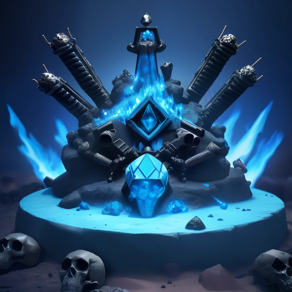 an blue diamond style ant hill with gun and shield, there is a burning fire and skulls around, with some visual effects, fantasy, 3D, Hd, HdR, 4k upscale, v--4.