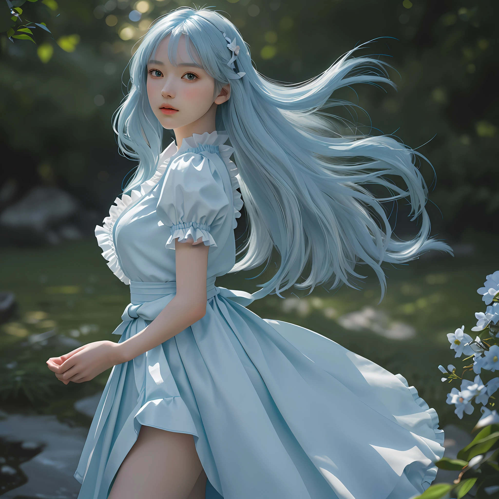The anime character is a young girl with long, straight light blue hair that falls to her waist. Her eyes are large, almond-shaped, and bright green. She has a small nose and plump lips. Her skin was pale and smooth. She wears a white shirt with ruffled sleeves and a red ribbon around her neck. Her skirt was blue, pleated, and hung just above her knees. Also wearing white knee-length socks and black leather shoes. In terms of stature, she is slender and petite, standing around five feet two inches tall. She has a delicate and feminine appearance, her facial features are very expressive, conveying a series of emotions from joy to sadness, (highest detail), (denim lens: 1.2), dynamic pose close-up, (realism: 1.4), best quality, realistic, masterpiece, extremely delicate beauty, CG, extremely detailed, high resolution, extremely detailed, depth of field, (masterpiece, best quality, ultra-detailed, best shadow), ( detailed background, dark fantasy), (beautiful detailed face), high contrast, (best illumination, an extremely delicious and beautiful), (cinematic light), colorful, hyper-detail, dramatic light, intricate detail, ((NSFW)), Full body, (Underwear: 1.9), Delicate Arms and Hands, (Delicate Hands), (Underwear: 1.9), NSFW, (Extremely detailed CG 8k wallpaper), (Extremely delicate and beautiful), (Masterpiece), (Best Quality: 1.0), (Ultra High Resolution: 1.0), Beautiful Lights, Perfect Lightning, Realistic Shadows, [High Resolution], Detailed Skins, Ultra Detailed (((Colorful))),