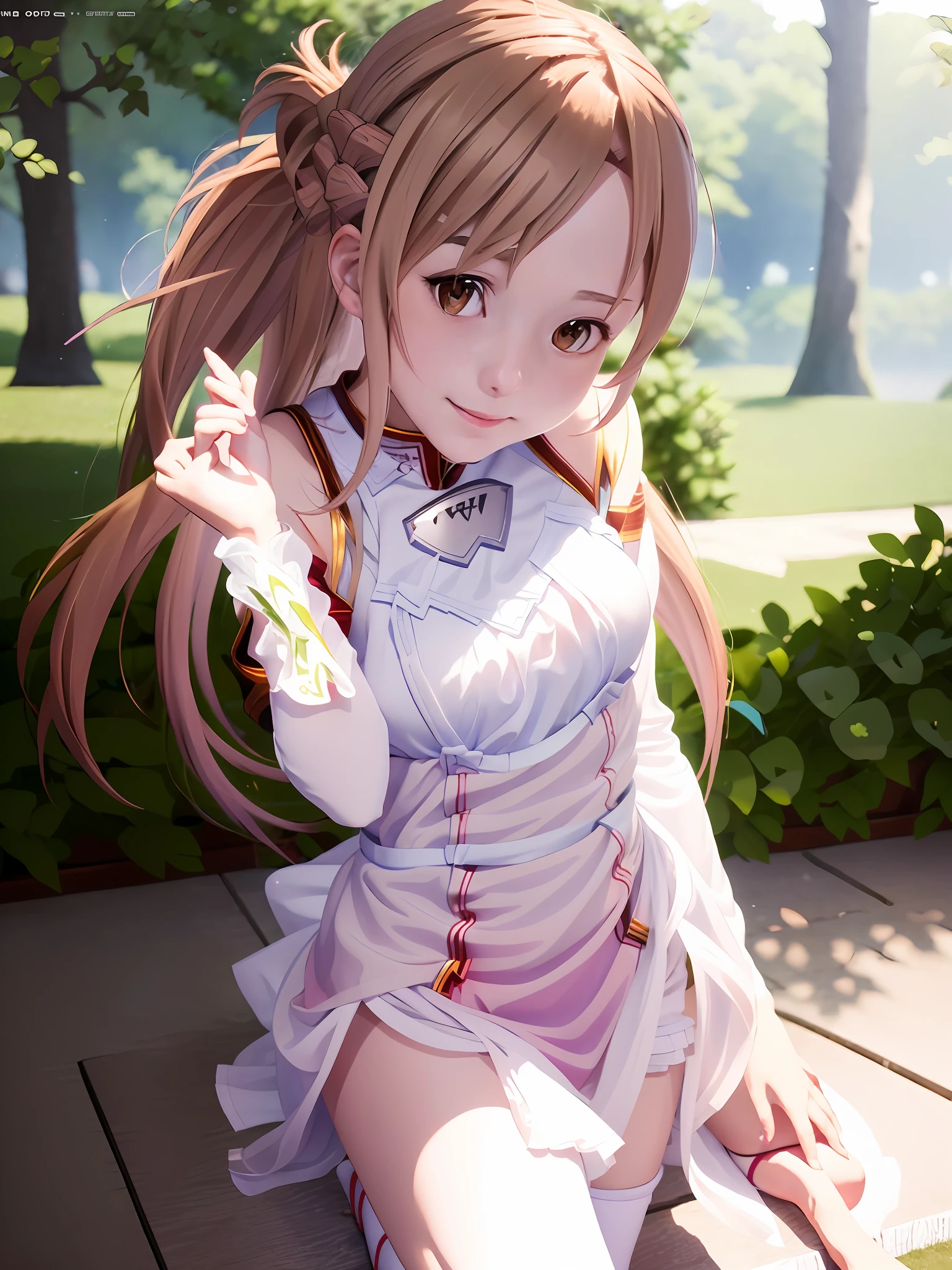 1girl, smile, (((small breast))), (((bokeh))), depth of field, cute face, looking at the viewer, masterpiece, model style, cleavage, full body portrait, sexy pose, ((8k, RAW photo, highest quality, masterpiece), High detail RAW color photo professional photo, (realistic, photo realism:1. 37), ( highest quality), (best shadow), (best illustration), super high resolution, very detailed CG unified 8K wallpaper, physical rendering, cinematic lighting), Sword Art Online Asuna