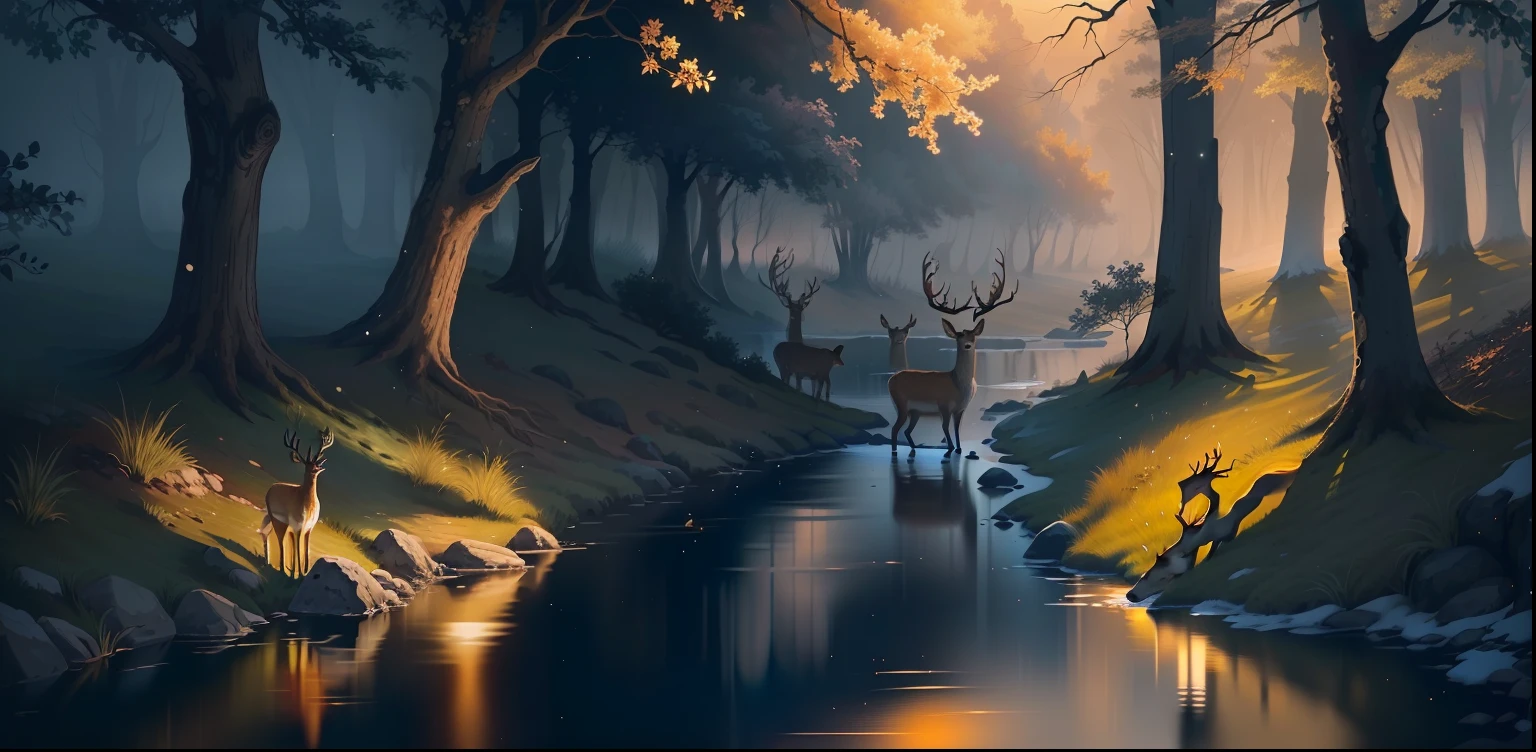 Two deer drinking water by the side of a quiet stream. Must have a clear image at sunset.