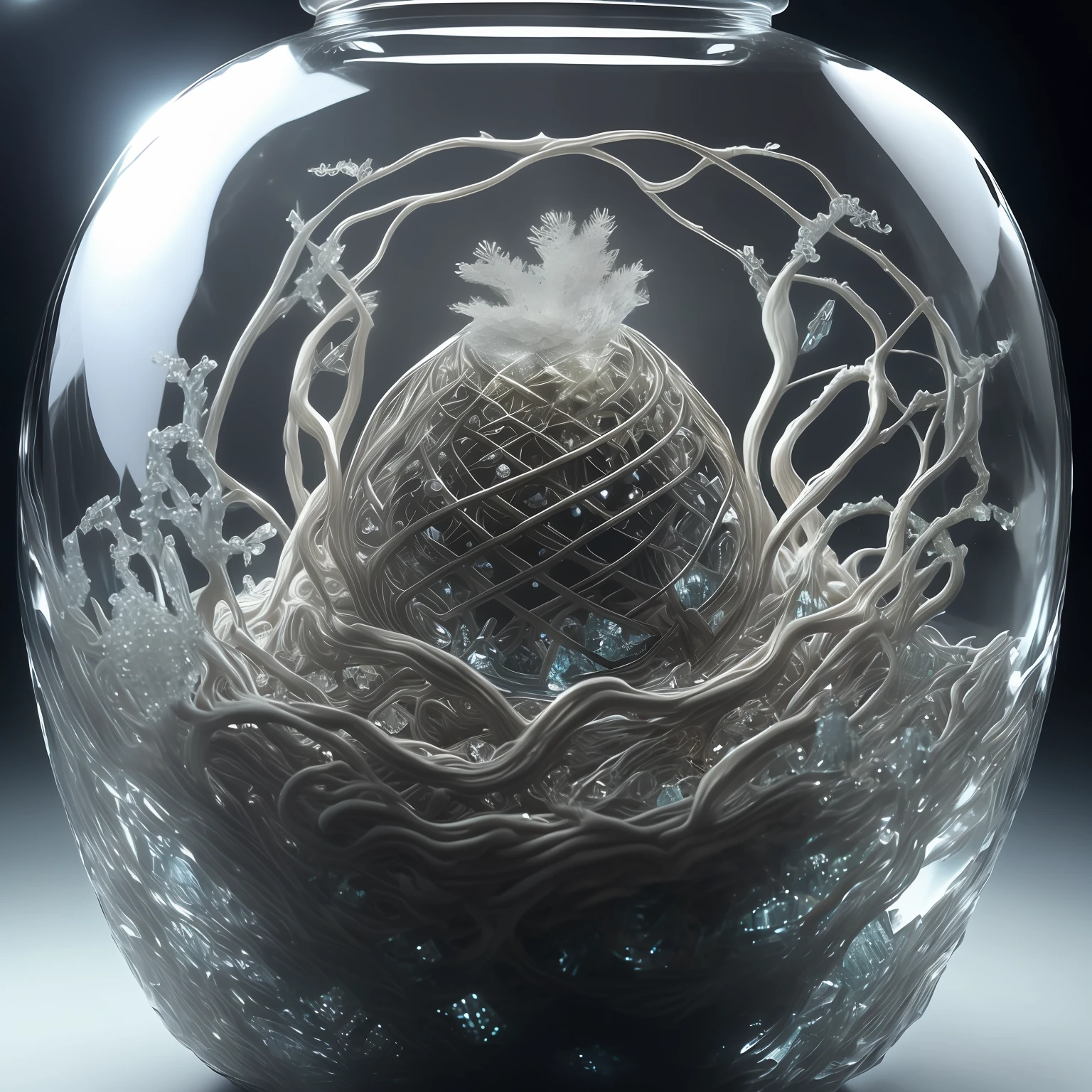 hyperdetailed glowing antnest in a hyperdetailed crystal jar in a lake detailed contrast
