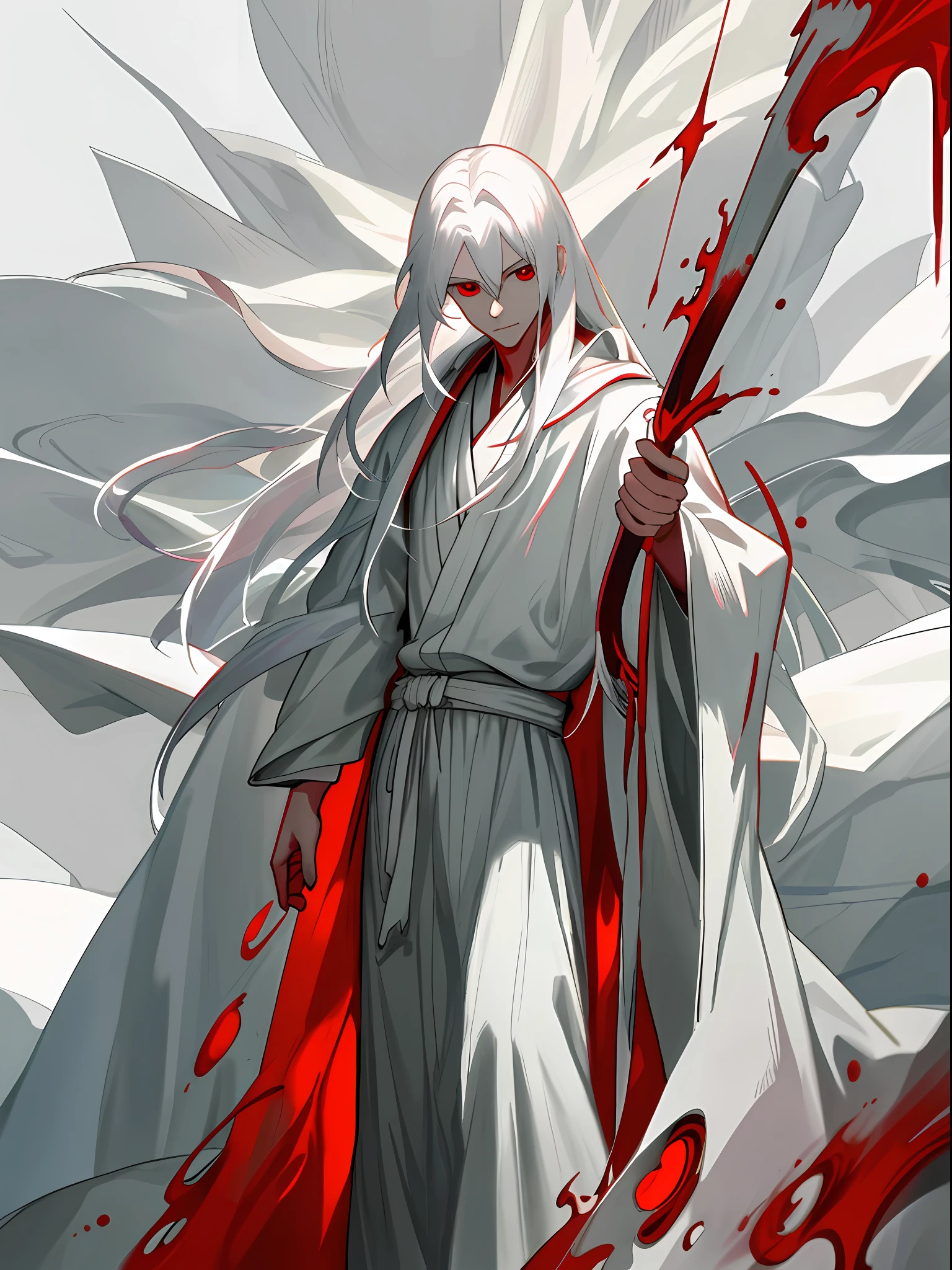 Young male character with long straight white hair with red eyes, white skin, thin body dressed in a white robe in a bloody and dark landscape
