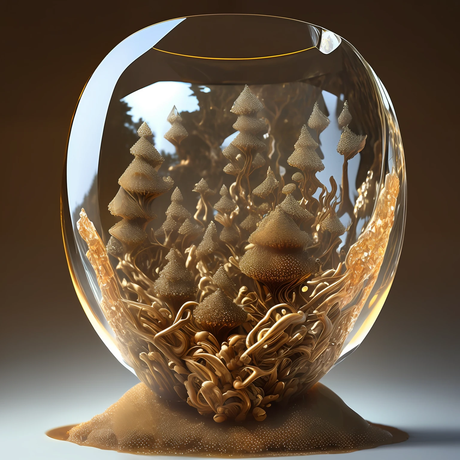 hyperdetailed glowing anthill in a hyperdetailed crystal jar in a lake detailed contrast