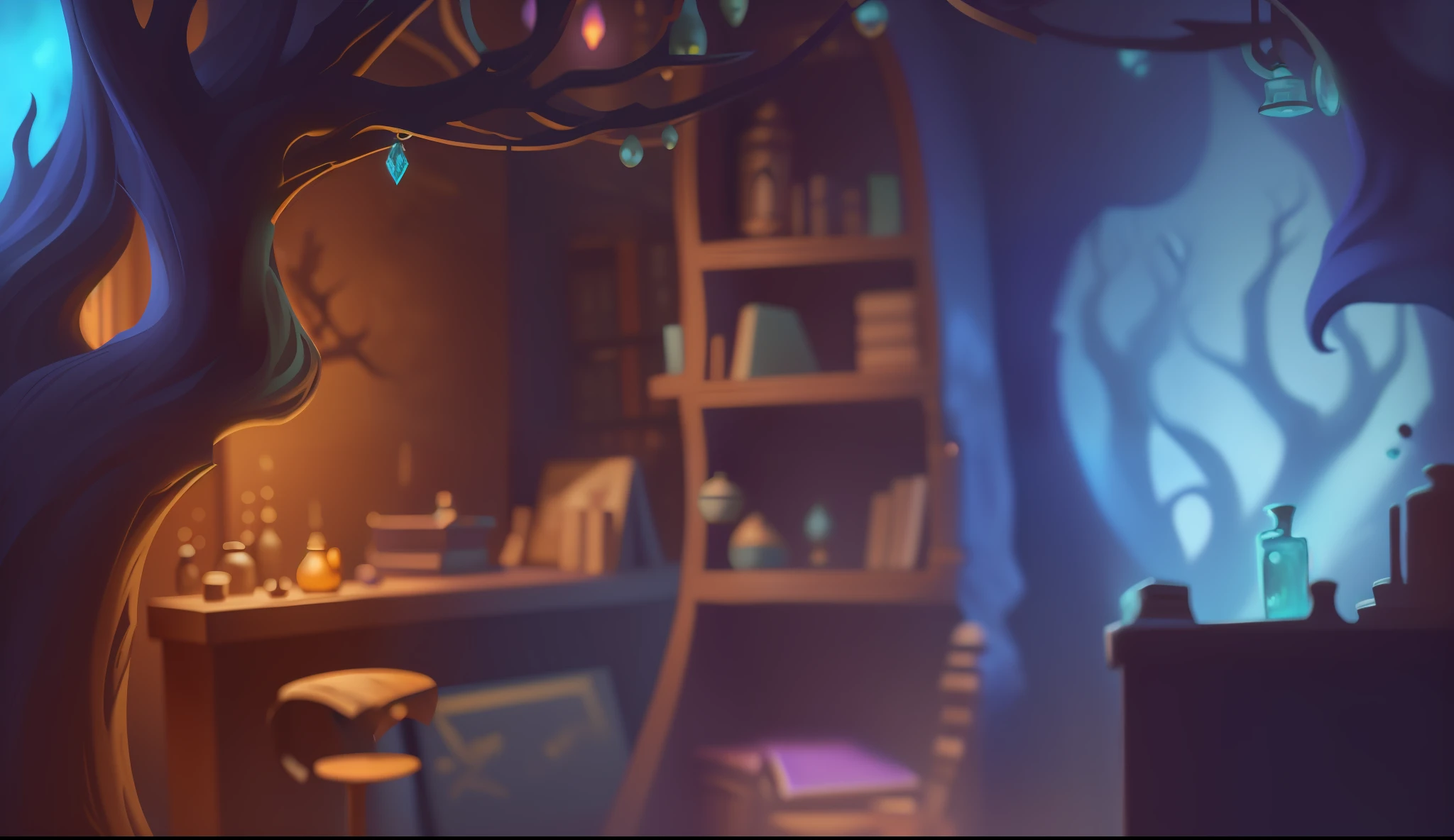 there is a cartoon picture of a tree in a room, alchemist library background, magic lab background, background art, background artwork, stylized concept art, fantasy alchemist laboratory, interior background art, personal room background, inside a magical item shop, childrens art in artstation, inside an old magical shop, magic laboratory setting, heavy vignette!, fantasy potion vendor interior