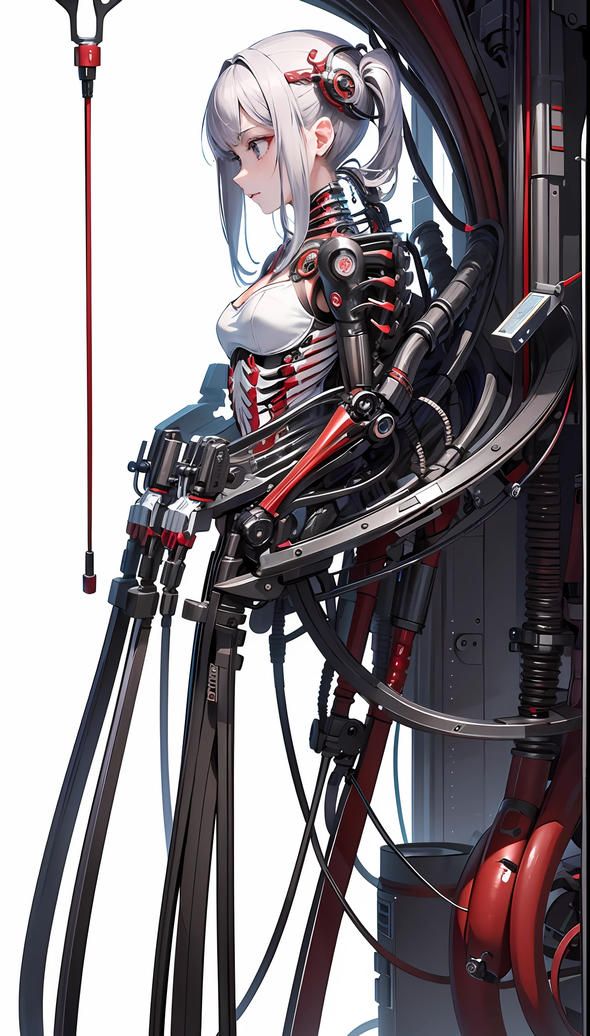 (Masterpiece, Top Quality, Best Quality, Official Art, Beautiful Indulgence: 1.2), (1 Girl: 1.3), Very Detailed, Colorful, Supreme Detail ((Ultra Detailed)), (Highly Detailed CG Illustration), (Very Delicate and Beautiful)), (From the Side), Cinematic Light, (1 Machine Girl)), Solo, Full Body, (Mechanical Joints: 1.2), ((Mechanical limbs)), (Blood vessels connected to tubes), ( Mechanical vertebrae attached to the back), ((Mechanical cervical vertebrae attached to the neck)), expressionless, (wires and cables attached to the neck: 1.2), (Head wires and cables: 1.2) (Character focus), (Lower body integrated with mechanical devices), Science fiction, (Blood: 1.5), cruelty, absurdity, eroticism, fusion with machines, Doomsday time, Super future, Inorganic, laboratory, restraint