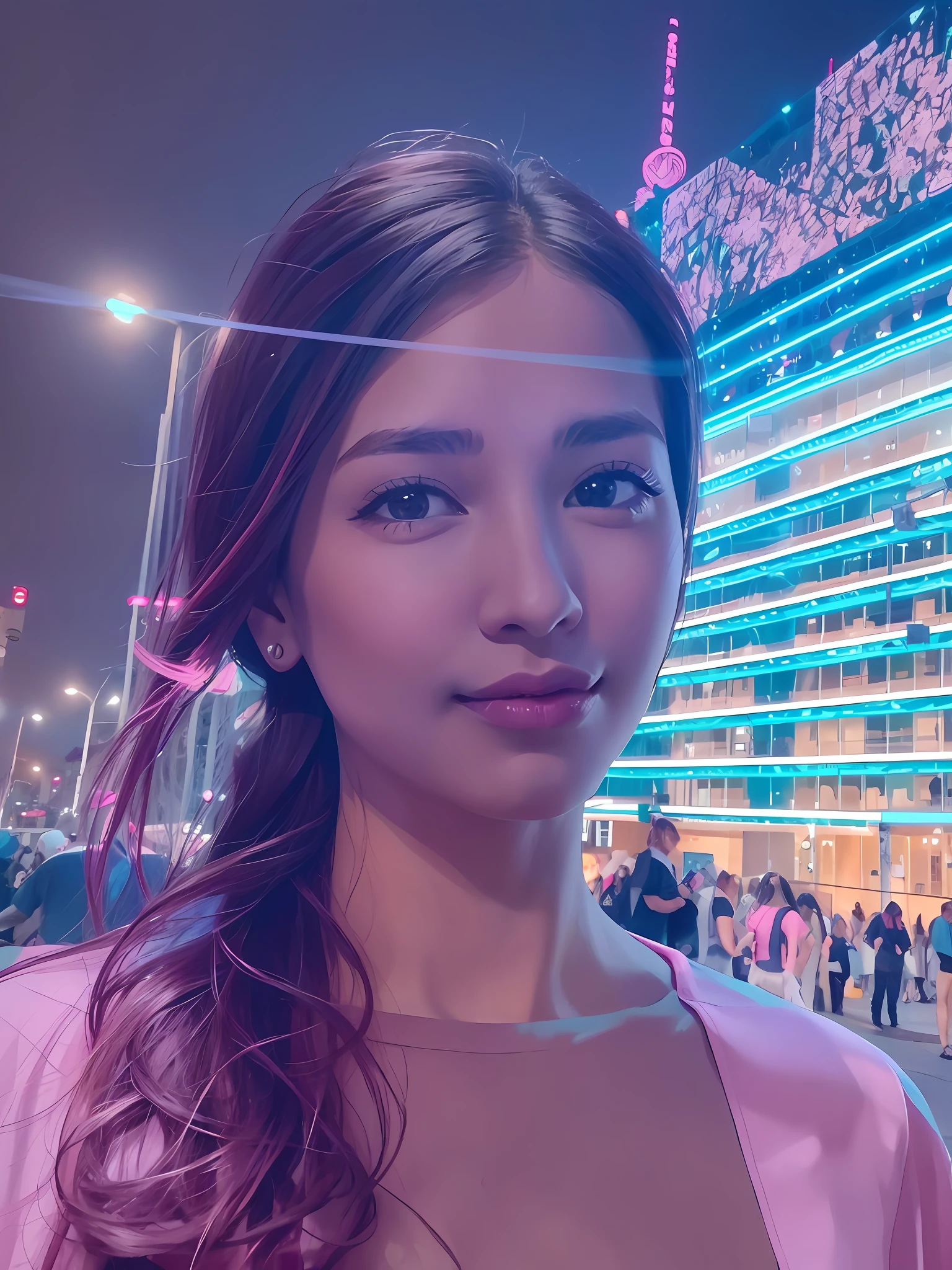 Arad woman with long hair and pink shirt standing in front of building, 8K selfie photo