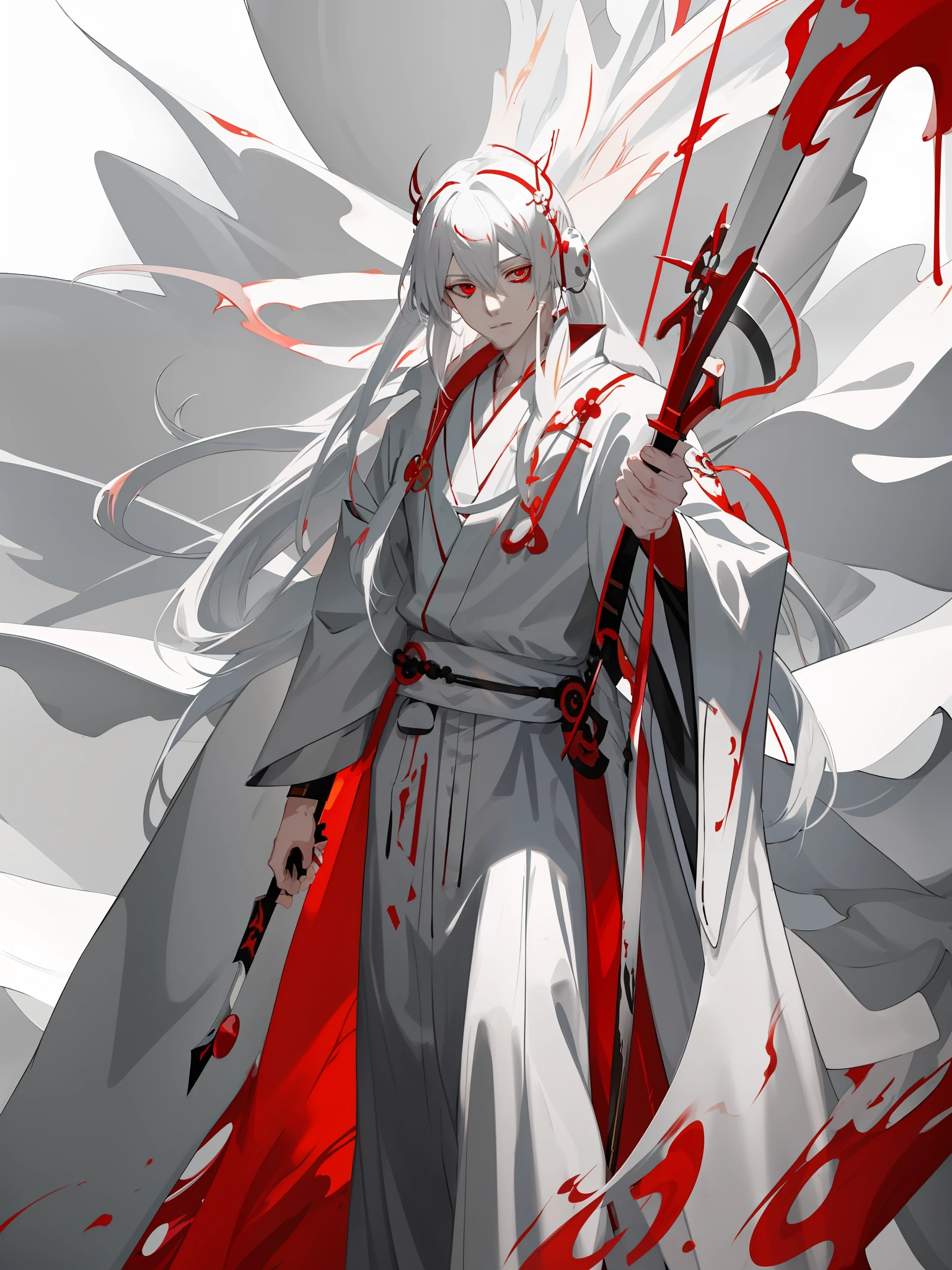 anime character with white hair and red paint holding a bloody scythe, beautiful male god of death, white haired deity, badass anime 8 k, onmyoji detailed art, anime style 4 k, 4 k manga wallpaper, onmyoji, flowing white robes, flowing hair and long robes, anime art wallpaper 8 k, anime epic artwork