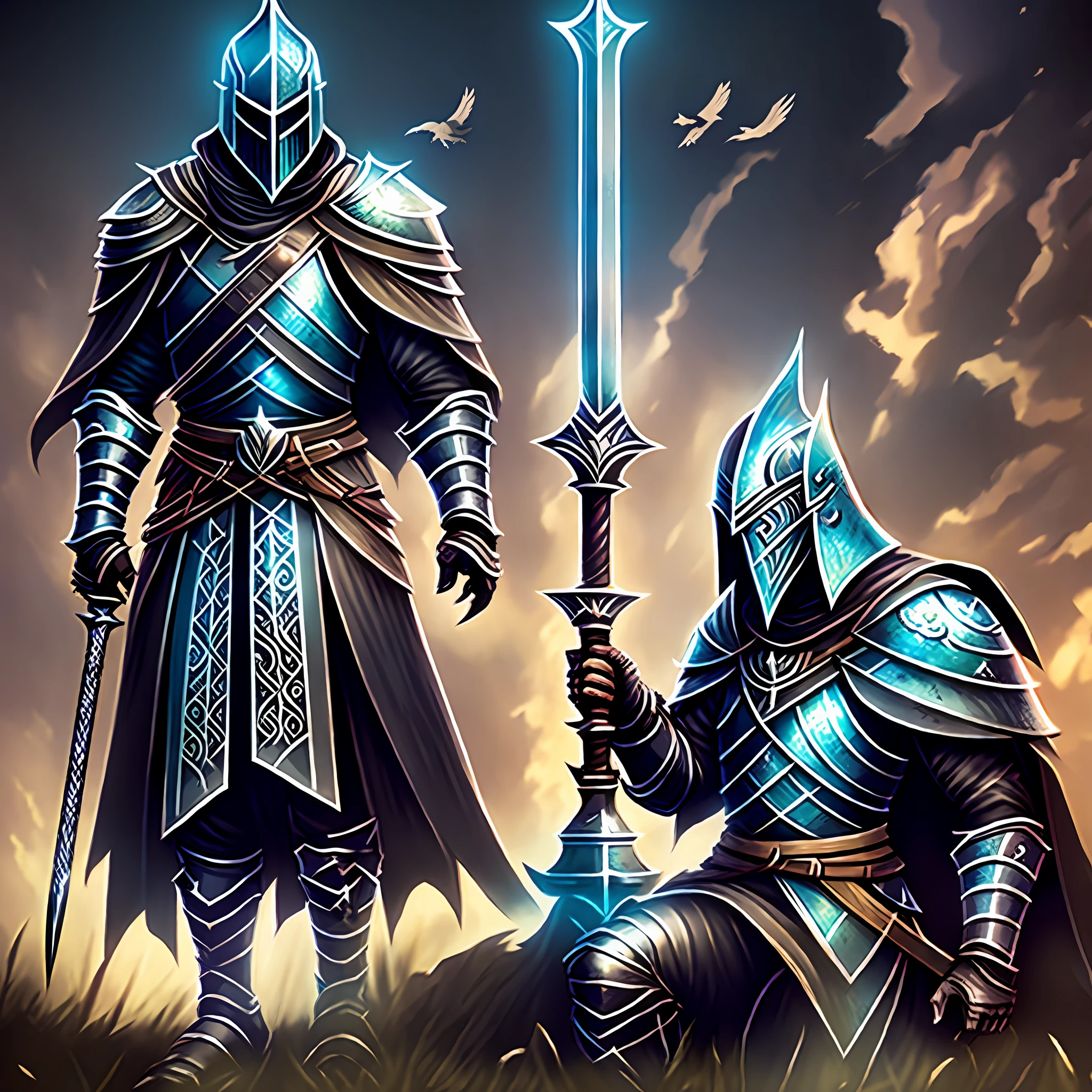 arafed knight sitting on the ground with a sword and a bird in the background, anthropomorphic raven knight, fallen knight, avian warrior, artorias, the dark souls knight, medieval fantasy illustration, dark souls art, dark souls art style, knight, dark souls inspired, dark souls knight, teutonic knight, medieval holy crusader knight, ultra brightness, cinematic lighting