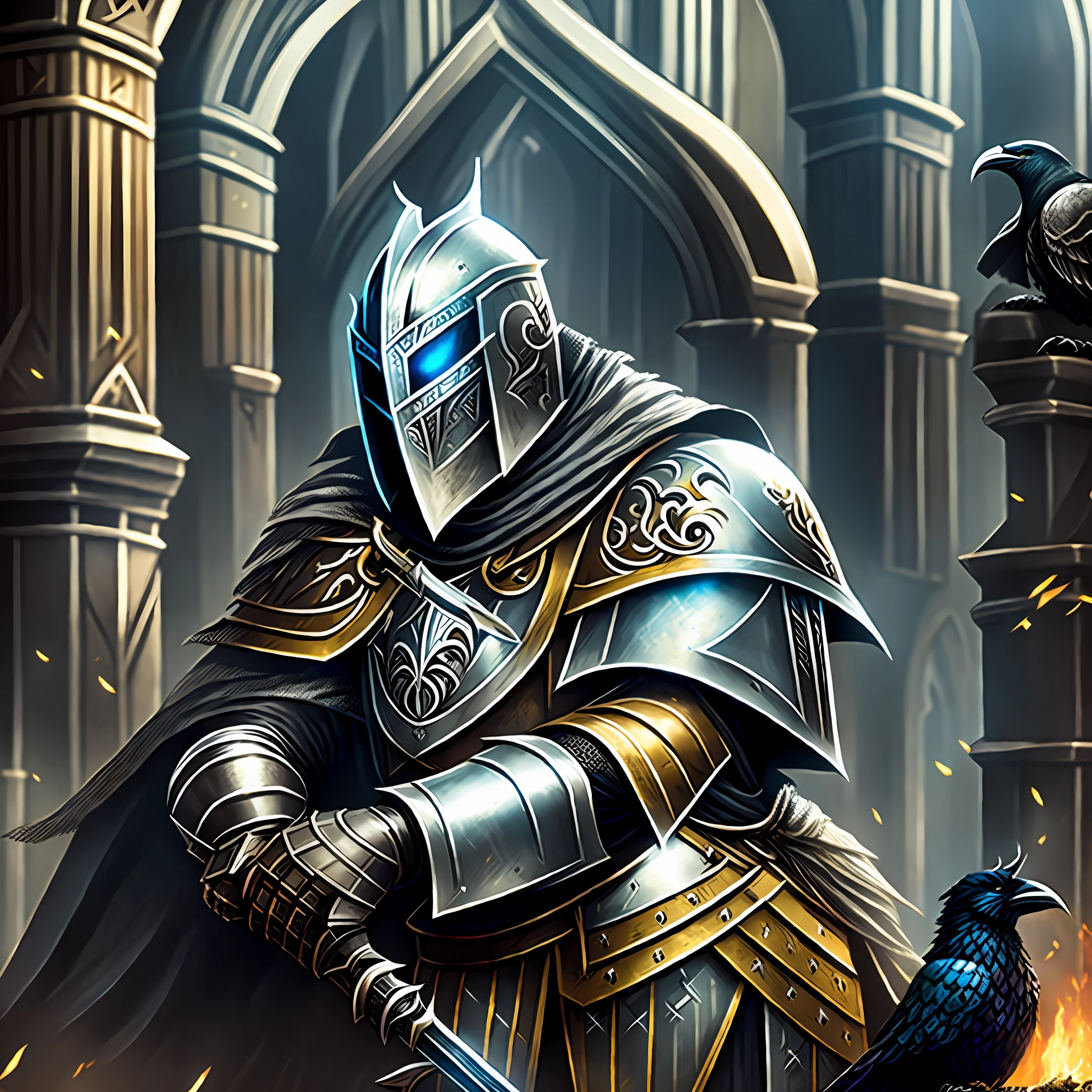 arafed knight sitting on the ground with a sword and a bird in the background, anthropomorphic raven knight, fallen knight, avian warrior, artorias, the dark souls knight, medieval battle scene,great intense and devestaing battle scene, dark souls art, dark souls art style, knight, dark souls inspired, dark souls knight, teutonic knight, medieval holy crusader knight, ultra brightness, cinematic lighting.