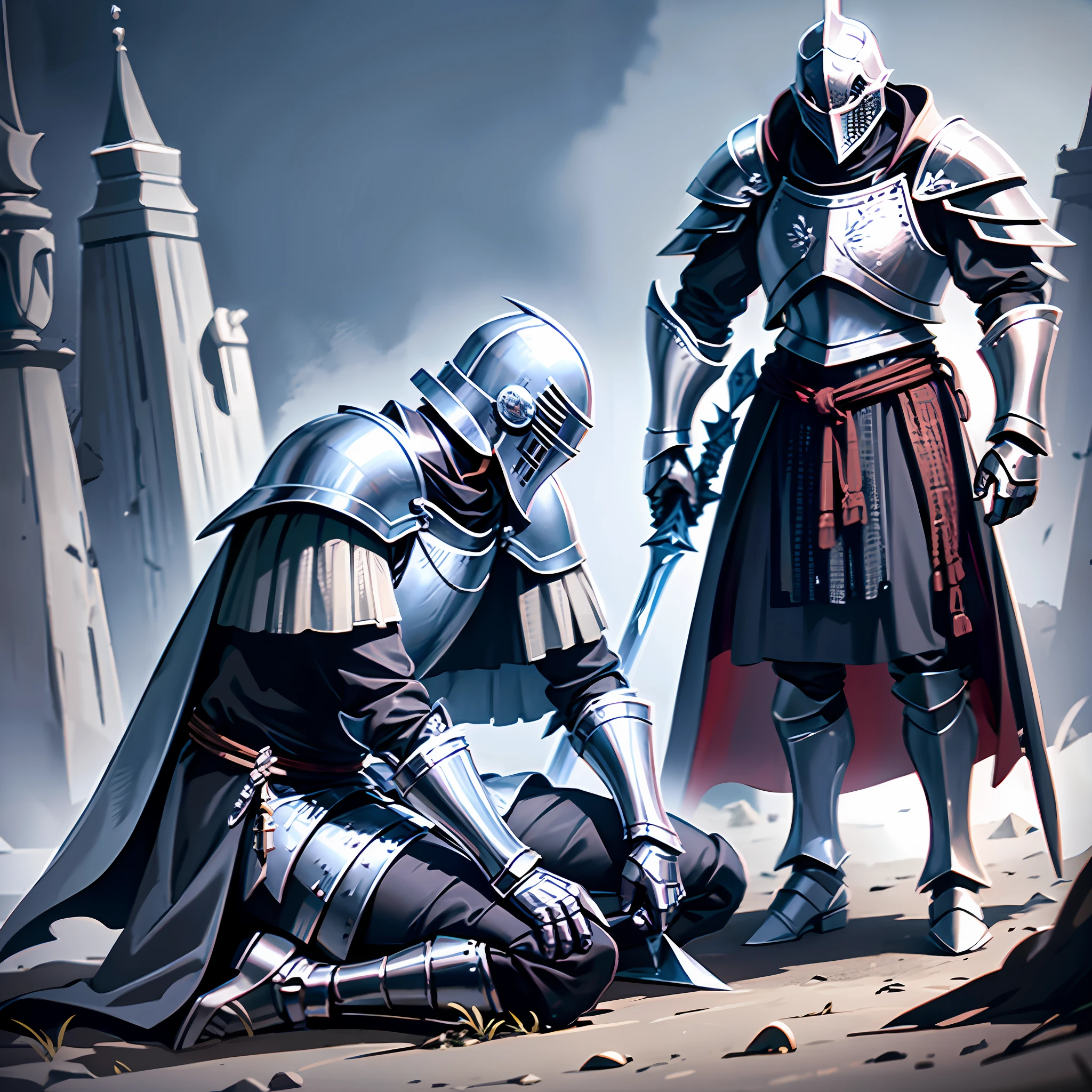 arafed knight sitting on the ground with a sword and a bird in the background, anthropomorphic raven knight, fallen knight, avian warrior, artorias, the dark souls knight, medieval battle scene,great intense and devestaing battle scene, dark souls art, dark souls art style, knight, dark souls inspired, dark souls knight, teutonic knight, medieval holy crusader knight, ultra brightness, cinematic lighting.